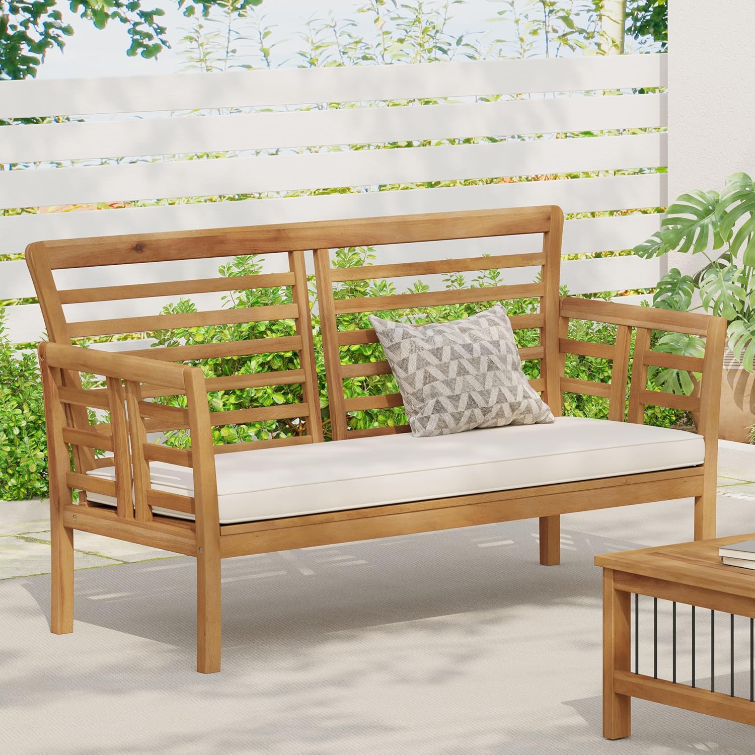 Christopher Knight Home Caydon Patio Acacia Wood Loveseat with Water-resistant Cushion, Garden Bench, Backyard, Poolside Chair for 2 People, Open-Slat Paneling with Double Pane Design, Brown and Cream