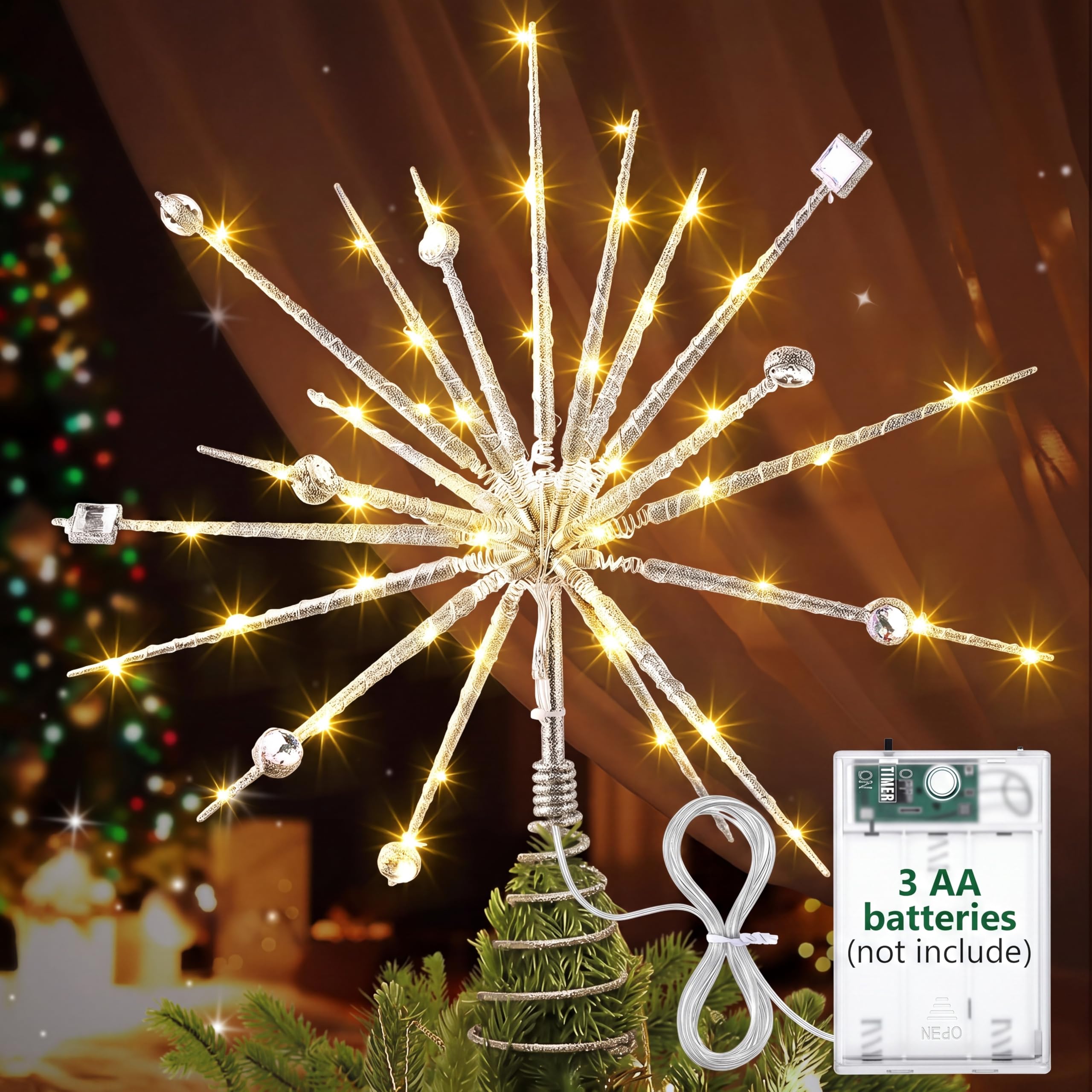 Decoración para árbol de Navidad de 15 pulgadas, estilo retro de mediados de siglo, decoración de árbol de estrella iluminada en 3D con cristal y 19 luces parpadeantes (plateado)