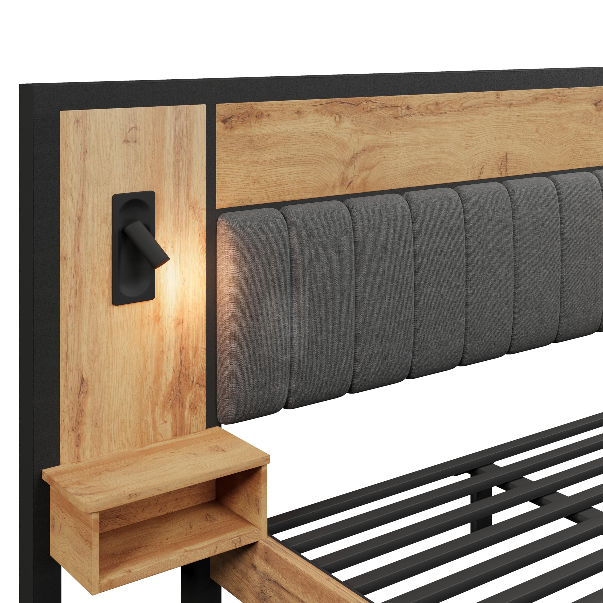 Moimhear Doppelbett Polsterbett, Bettanlage mit Leselampe und USB C Nachttisch und Sitzbank mit Stauraum, Bettgestell mit Lattenrost aus Metall, Holz und Leinen, Eiche(Ohne Matratze) (180x200 cm)