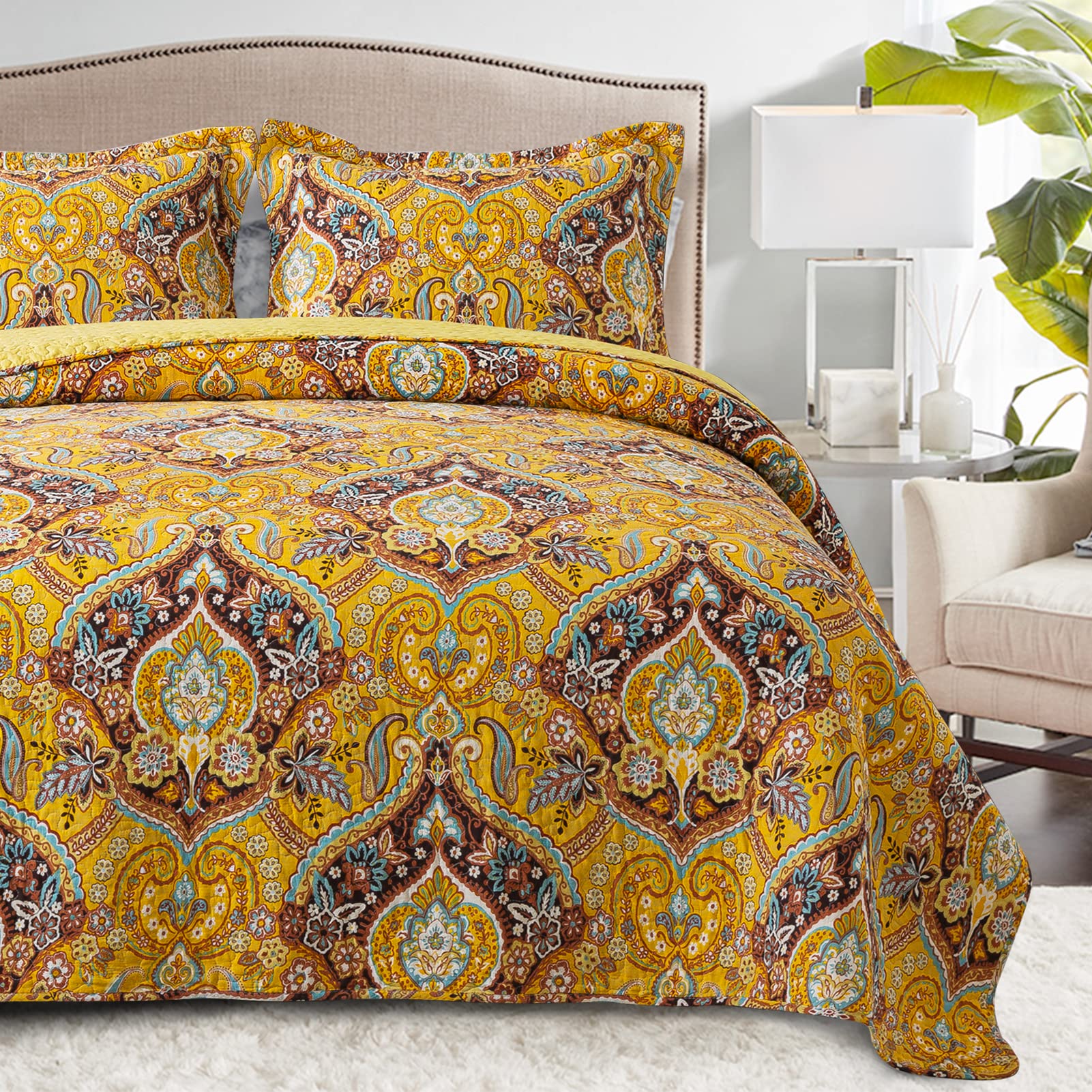 TWINRUN King Size Quilt Set - 3 Pieces Reversible Boho Quilt Bedding Set, Lightweight Coverlets Oversize King Bedspreads Set for All Season, Yellow