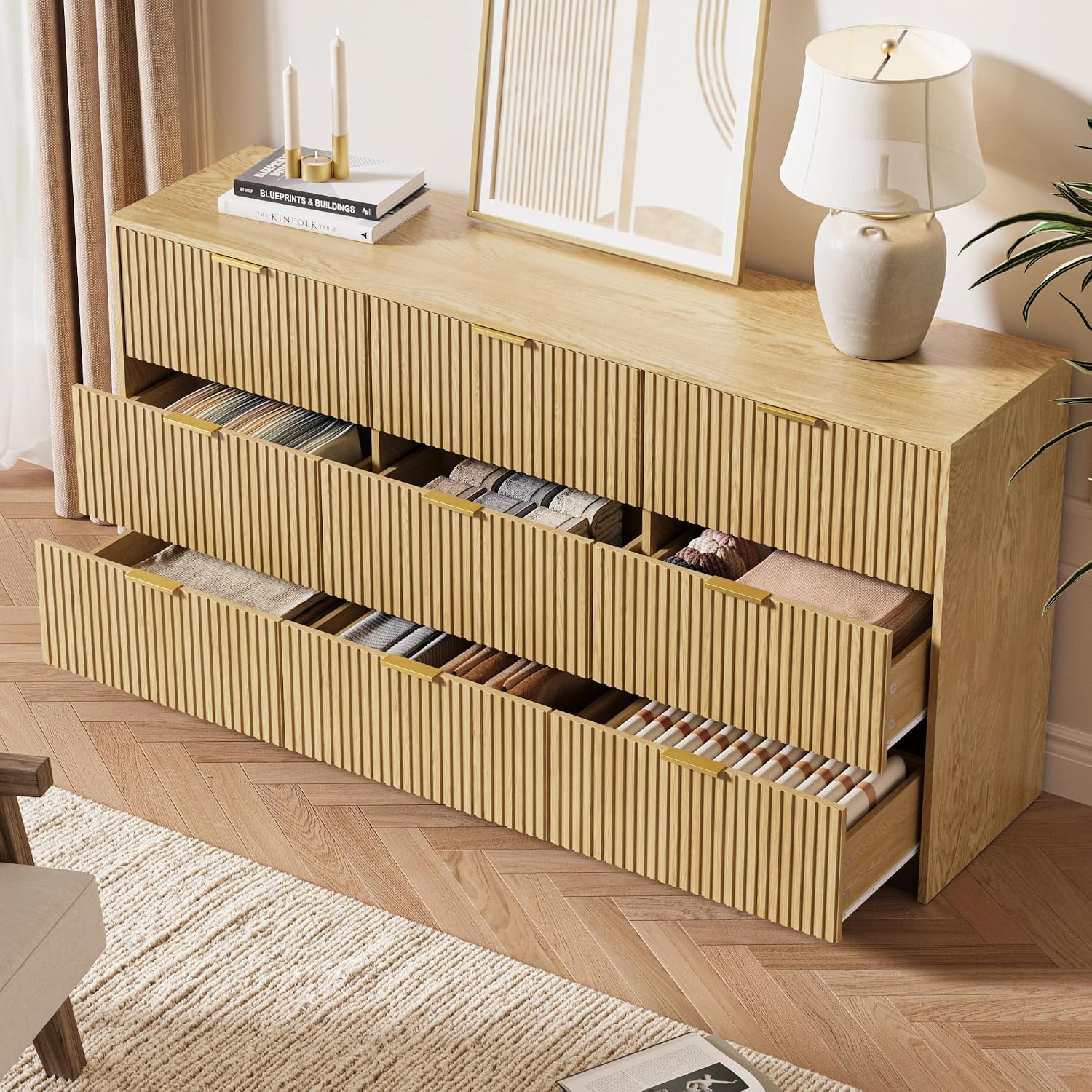 MAISONARIA 3-Piece Dresser Bedroom Set, 9 Drawer Dresser & 2 Drawer Nightstands with Gold Handles, Fluted Wood Chest of Drawers for Bedroom, Living Room, Entryway, Nature