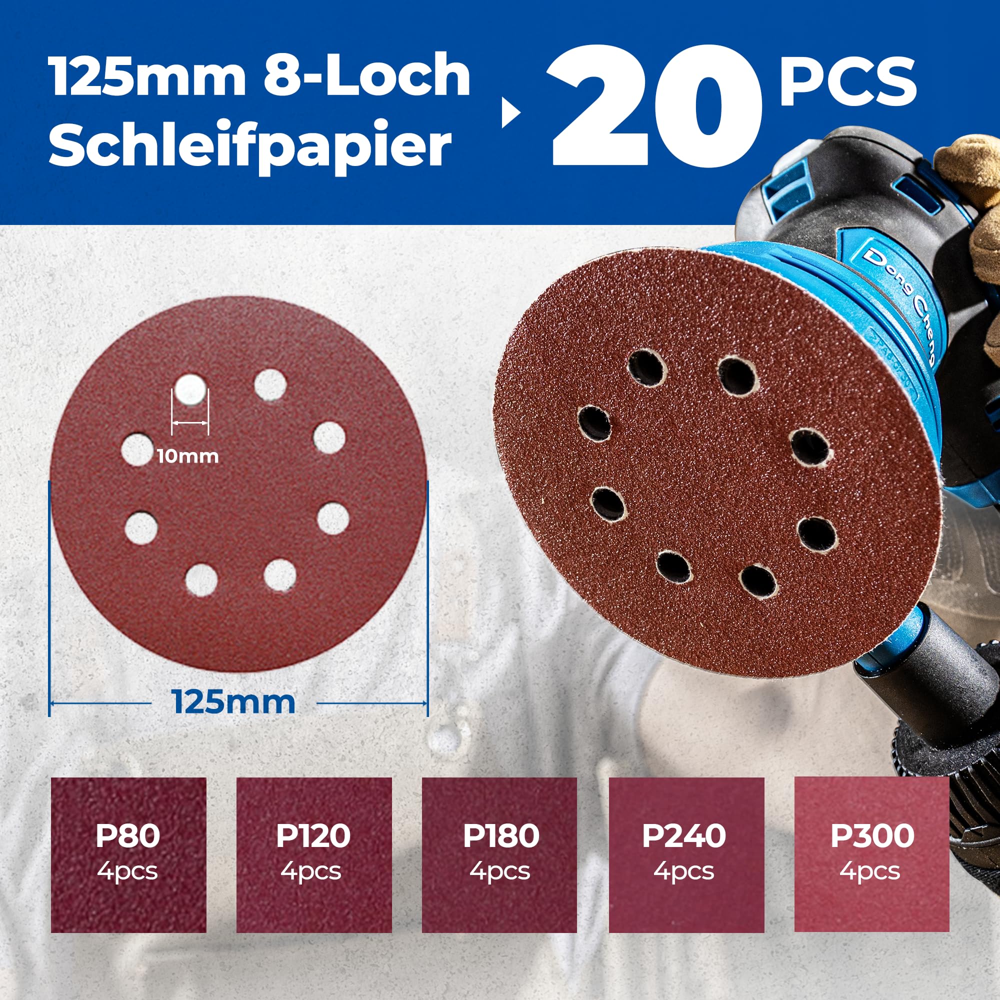 Dong Cheng Exzenterschleifer 380W, szlifierka mimośrodowa 125 mm, 6 prędkości 8000-12800 obr./min z pojemnikiem na kurz