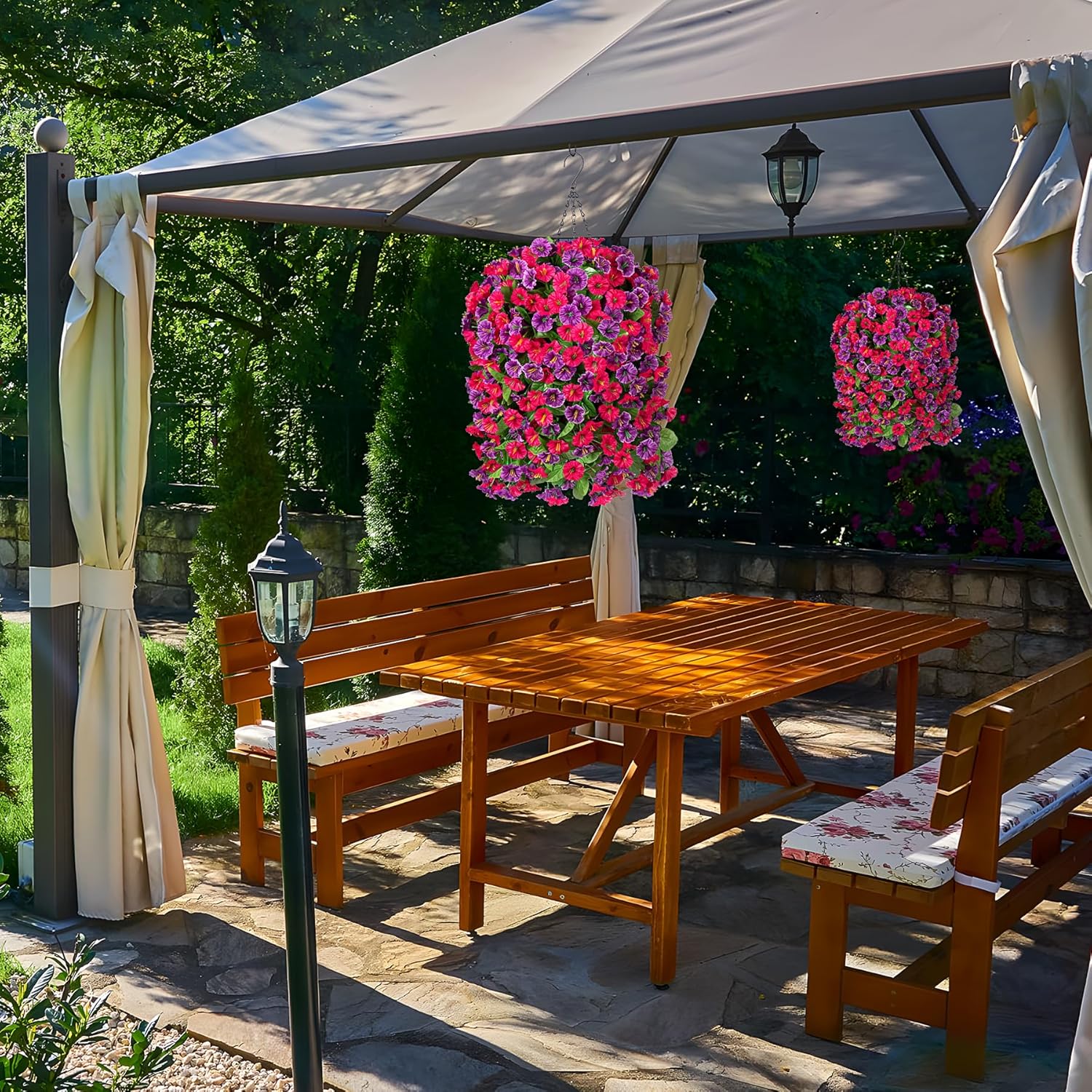 Artificial Flowers with Hanging Basket, Outdoor Faux Plants Silk Morning Glory Vines, Fake Green Arrangement for Garden Patio Spring Summer Decor(Hot Pink Purple) - Image 5