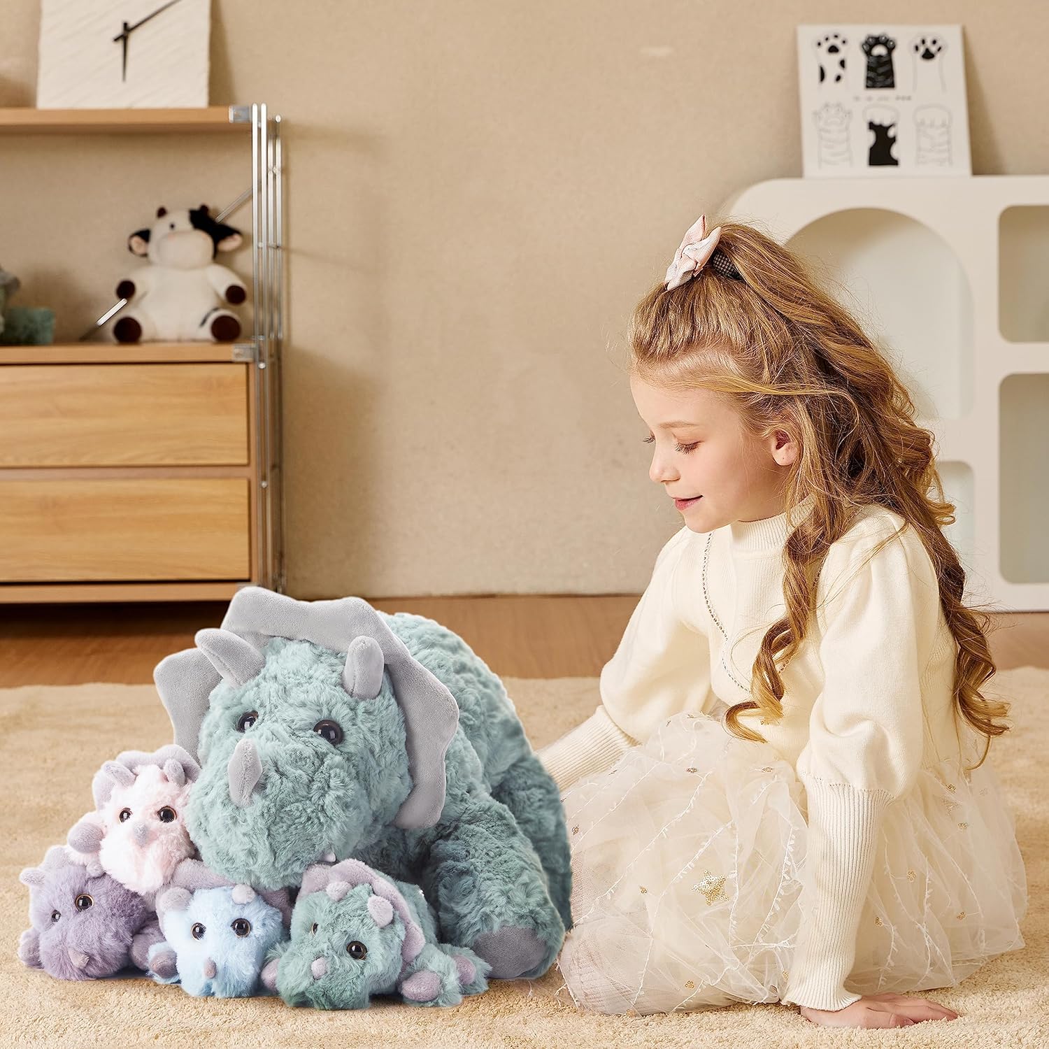 EARTHSOUND Triceratops Dinosaur Mom and Baby Stuffed Animal Mommy Plush,18" Cute Small Mama Soft Toy with Little Babies,Gift for Kid (Triceratops)