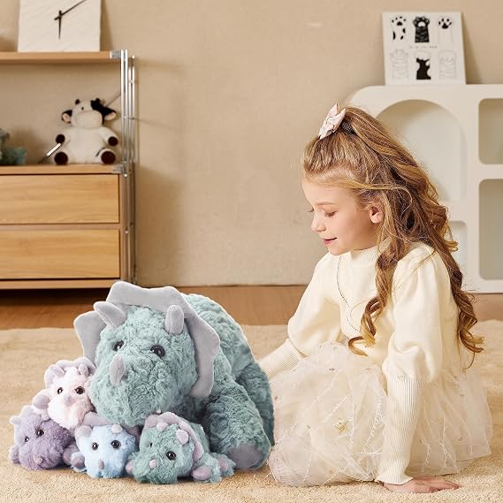 EARTHSOUND Triceratops Dinosaur Mom and Baby Stuffed Animal Mommy Plush,18 Cute Small Mama Soft Toy with Little Babies,Gift for Kid (Triceratops)