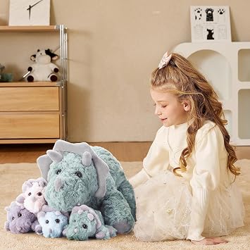 EARTHSOUND Triceratops Dinosaur Mom and Baby Stuffed Animal Mommy Plush,18 Cute Small Mama Soft Toy with Little Babies,Gift for Kid (Triceratops)