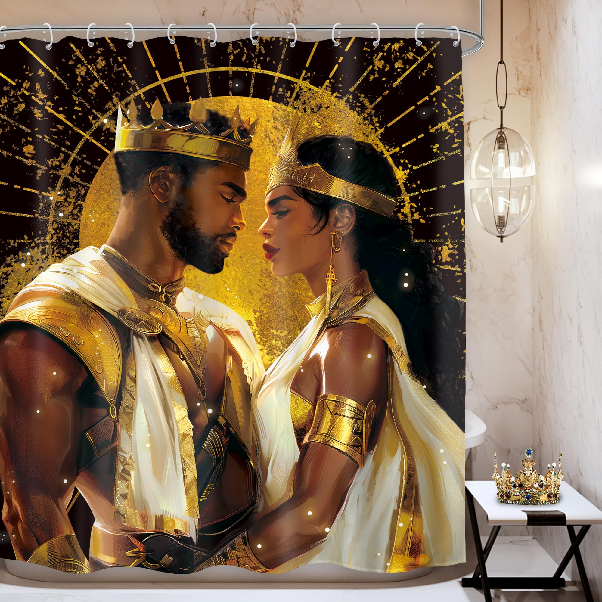 Mitpok Duschvorhang Afro-König & Königin – 183 X 183 Cm, Schwarz-gold, Wasserdicht | Badezimmer-Deko Für Paare