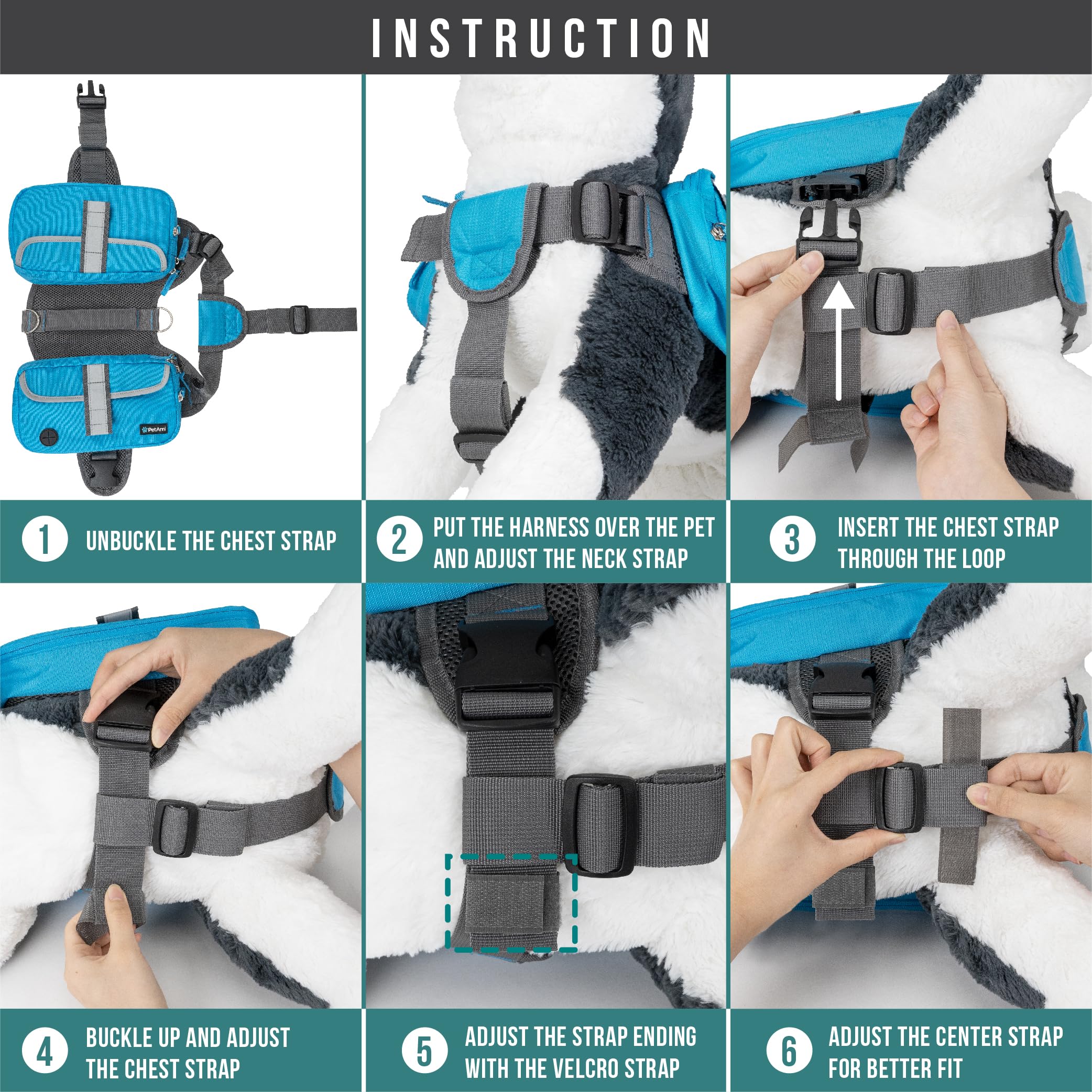 PetAmi Mochila para perros medianos y grandes, bolsa de sillín para perros para llevar, arnés con bolsillos laterales reflectantes de seguridad para senderismo, camping, chaleco para viajes (azul,