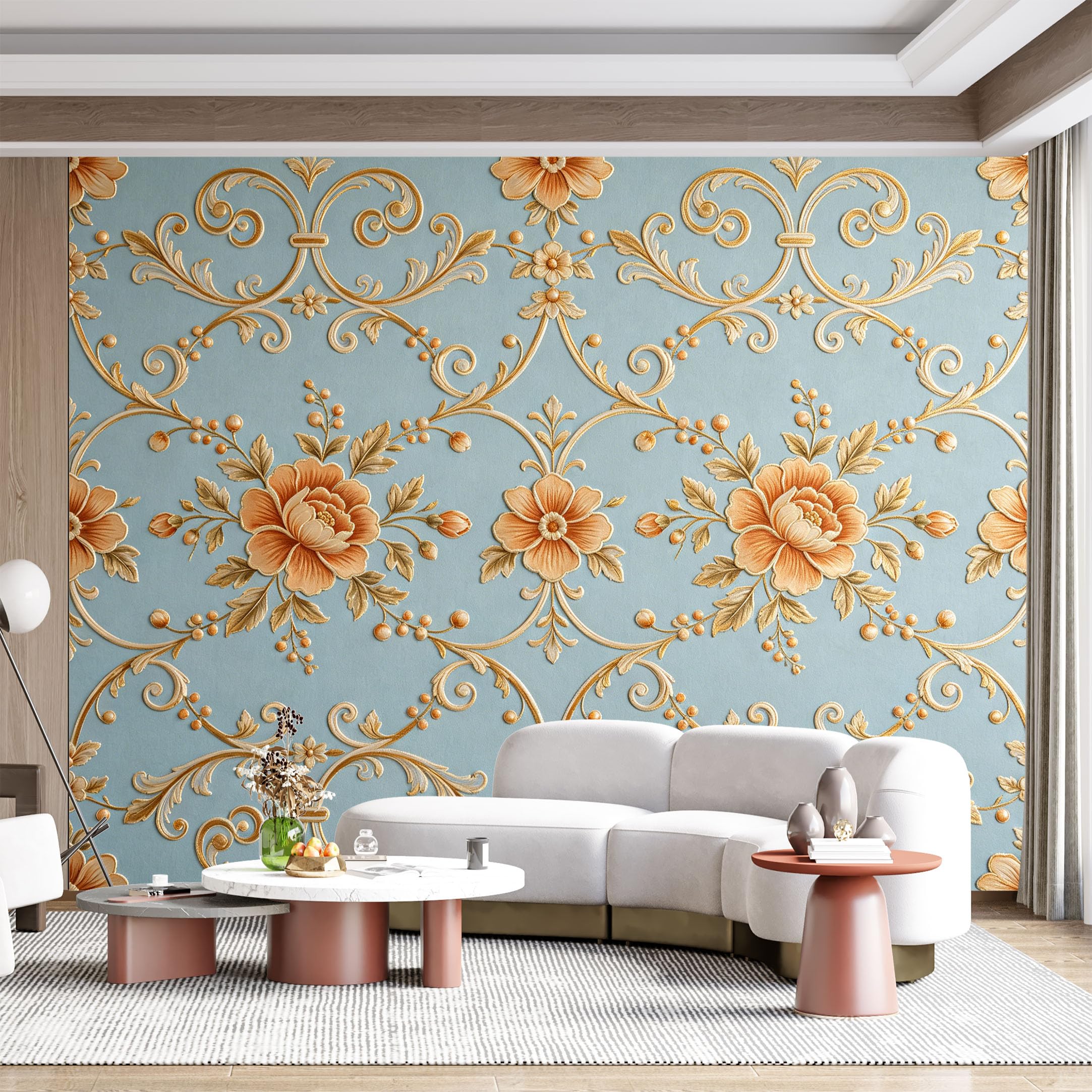 Custom Size Wall Mural Baroque Floral Scroll Golden Embossed Romantic SelfAdhesive Wall Fabric Removable for Home Office Decor