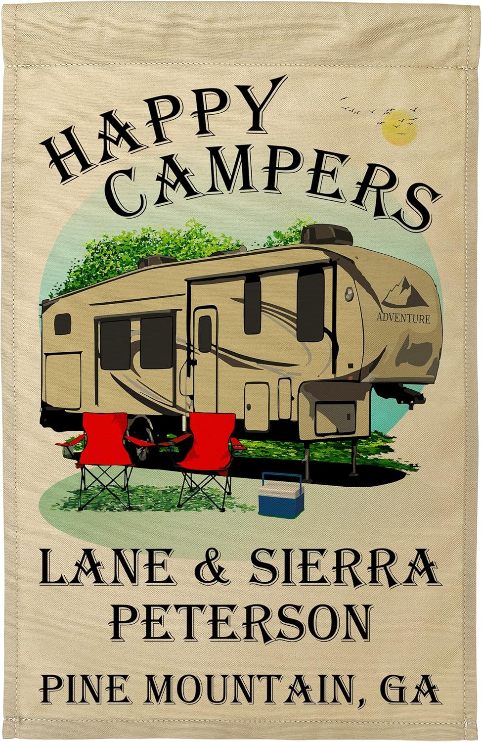 Personalized Vintage Gray 5th Wheel Trailer Camping Flag with Happy Campers and 3 Additional Lines of Custom Text, Printed on Tan Fabric