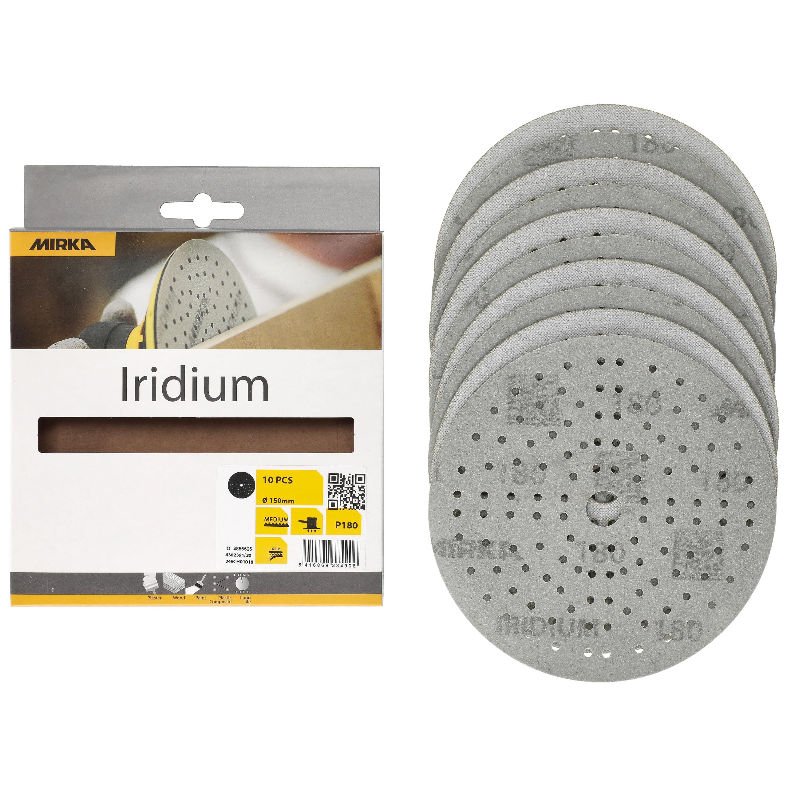 Mirka Iridium Premium Sandpaper 150mm Hook & Loop Grit 180 10 pcs