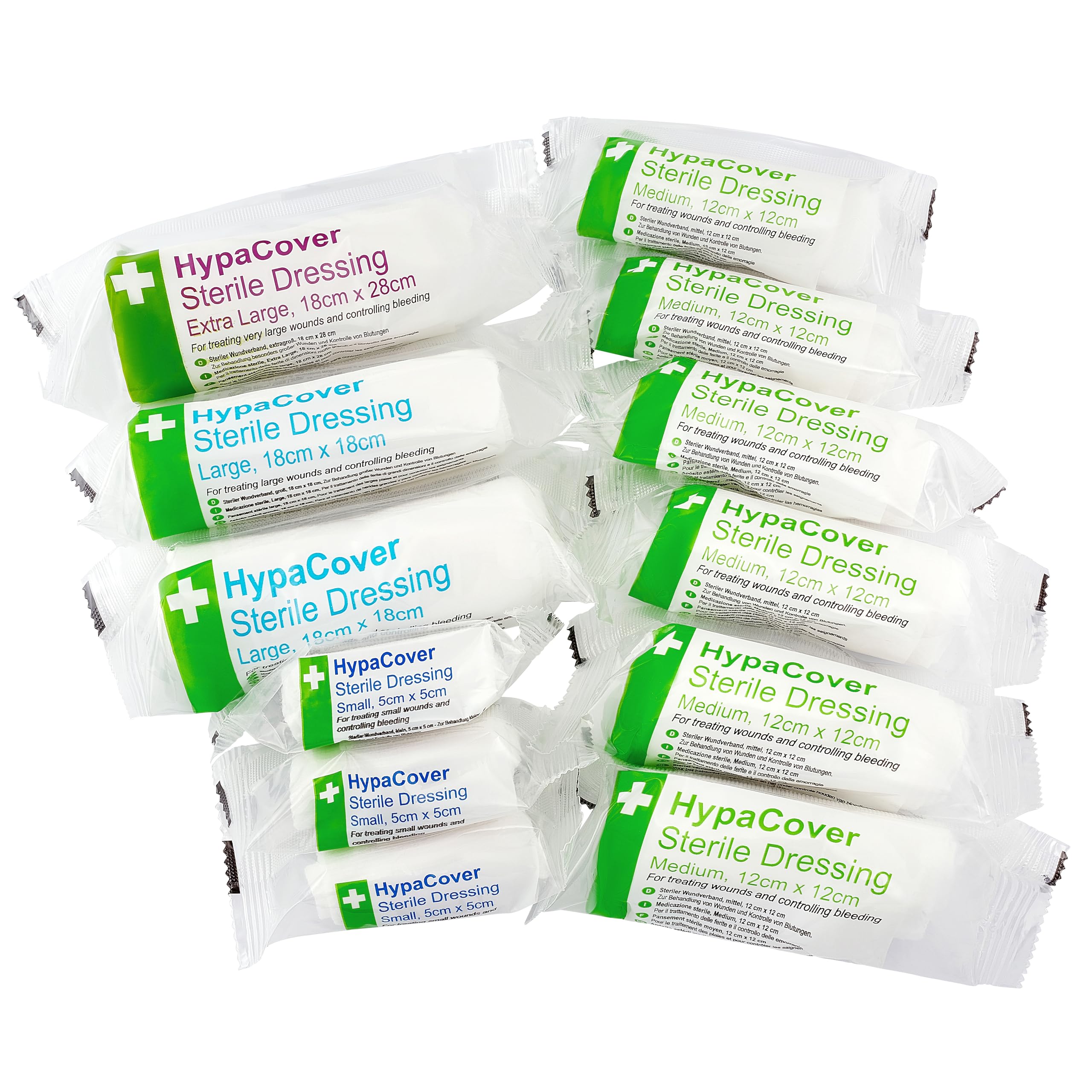 Safety First Aid Group Hypacover Sterile Wound Dressings, Assorted Pack Of 12 Bandages With Sterile Dressing Pad