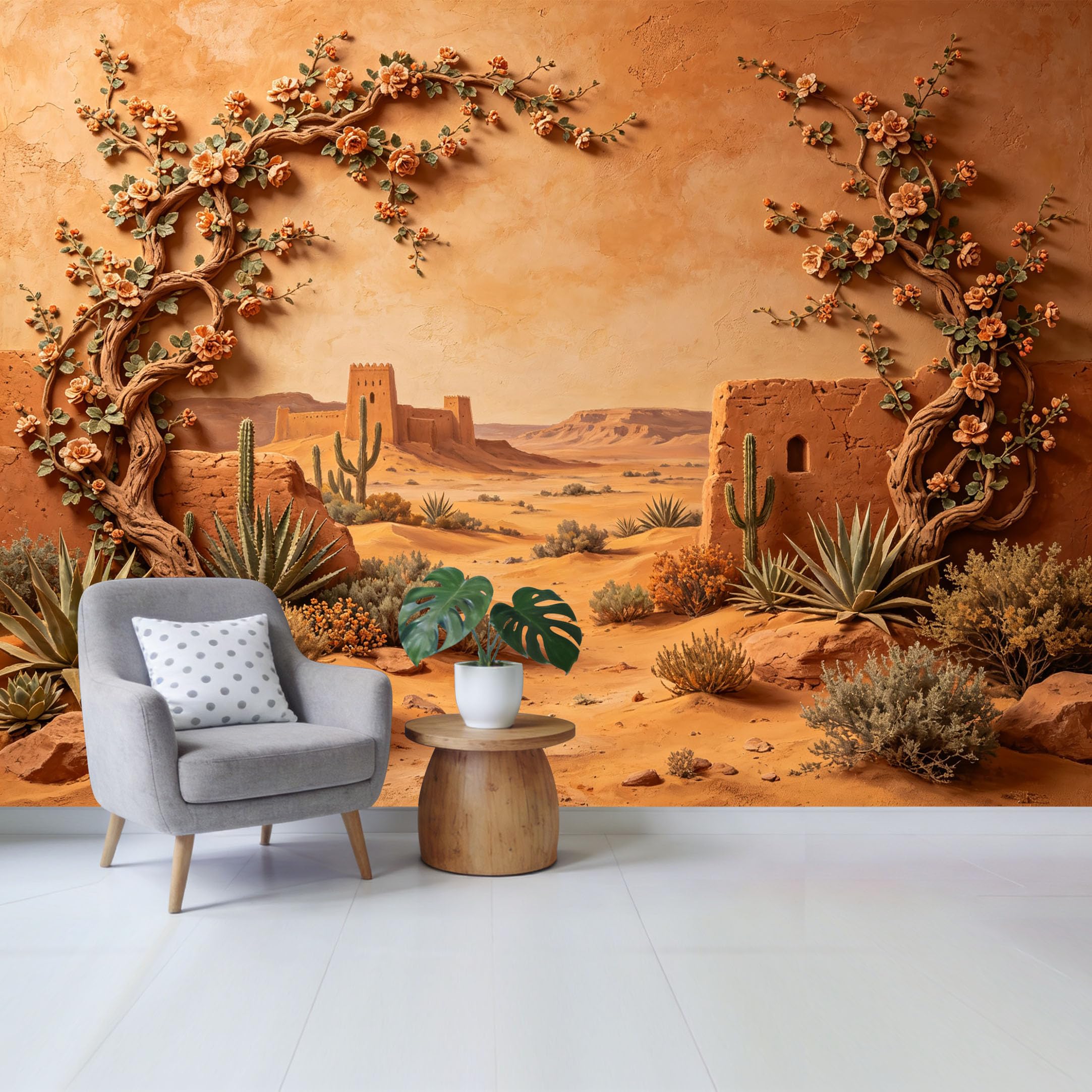 Qzlithotic Yq2605251038 Custom Size Wall Mural Desert Fortress Cactus Botanical Floral Textured 3D Trompe L'oeil Selfadhesive Wall Fabric Removable Wallpaper For Home Office Decor