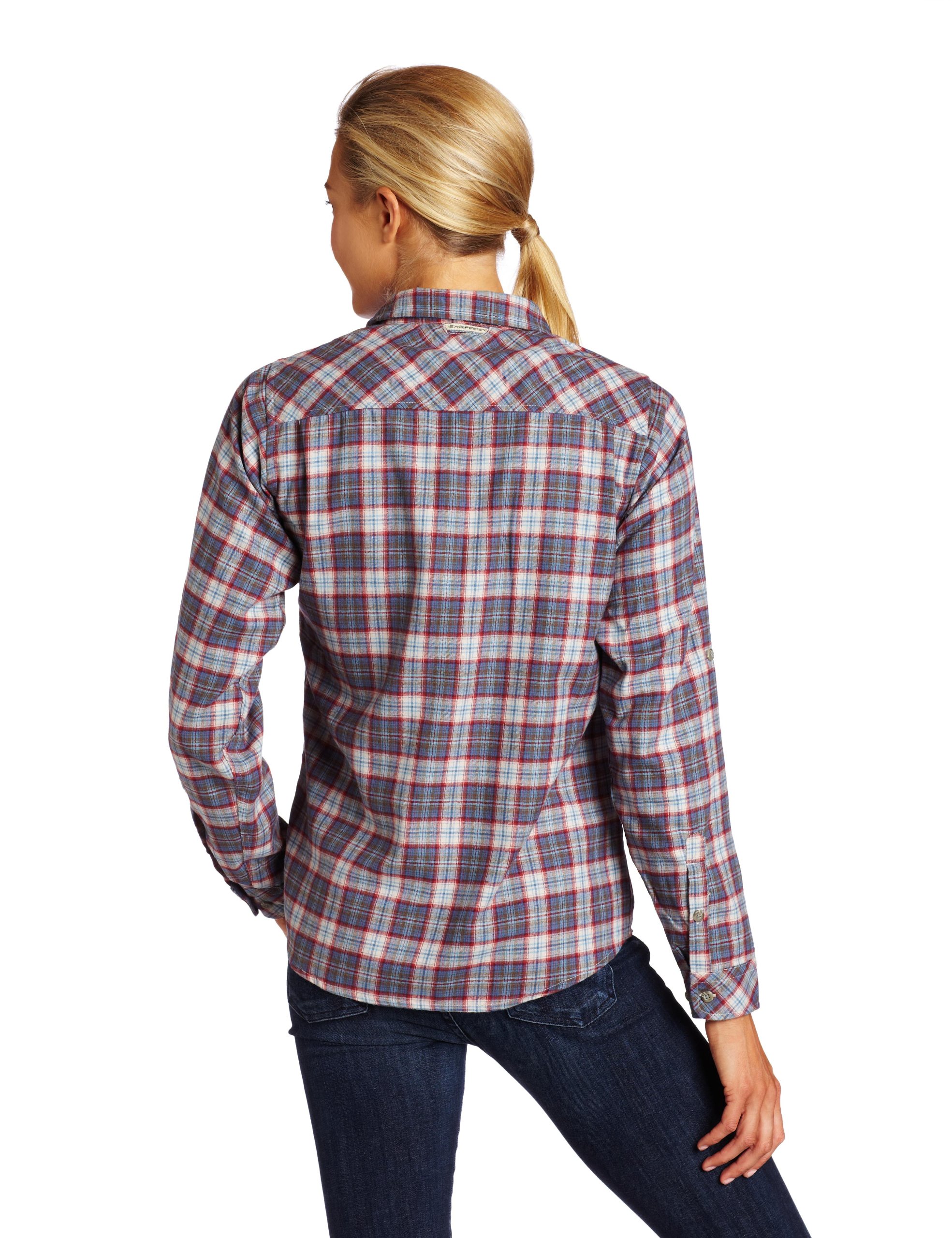 Chemise ExOfficio Femme Bleu à Carreaux - Manches Roulées Anti-moustiques - Taille XL