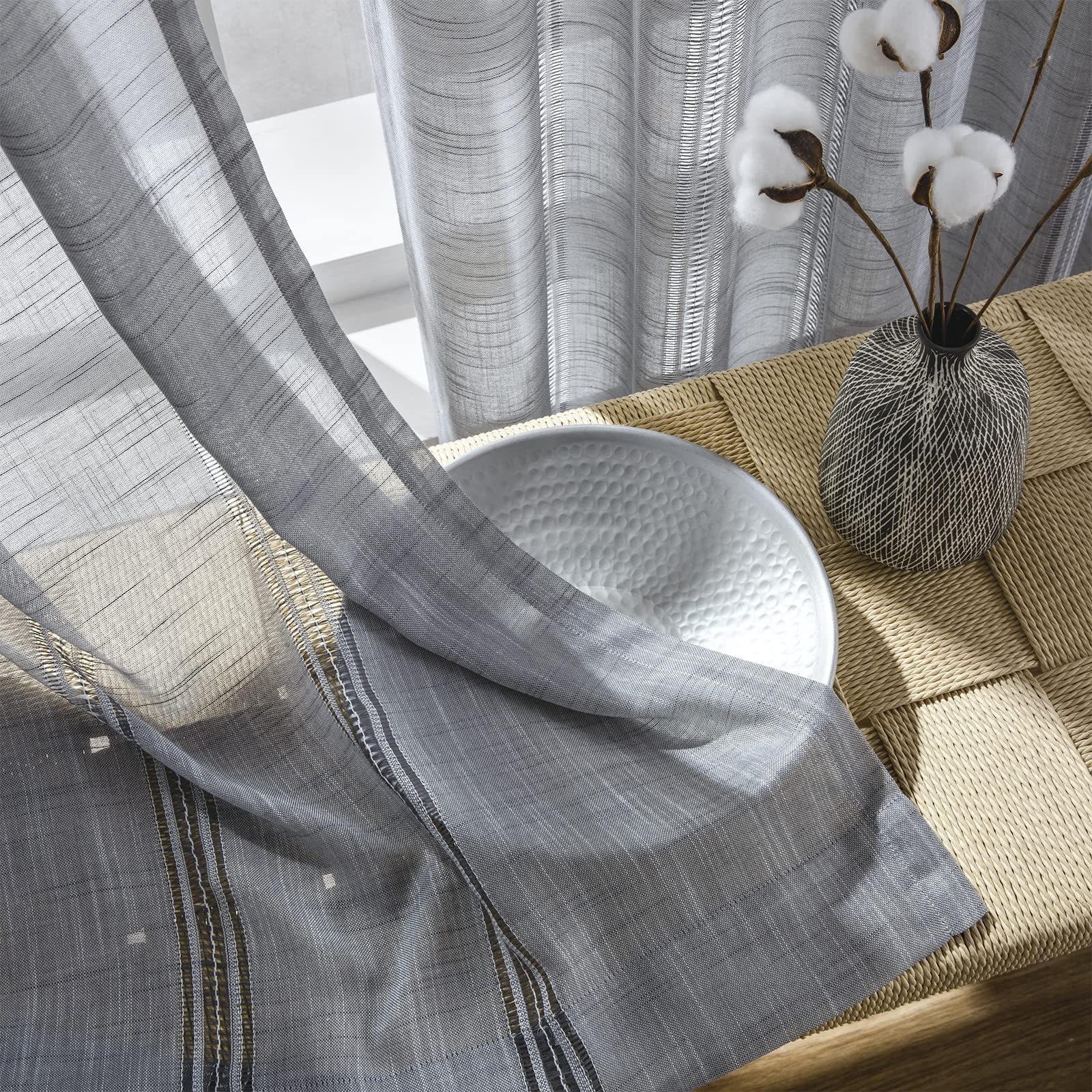 Maison Colette Gray 95 Inches Long Curtain Linen Texture Semi Sheer for Living Room, Rod Pocket Elegant Light Filtering Privacy Home Fashion Window Drapes, 2 Panels, 52" Width,Grey