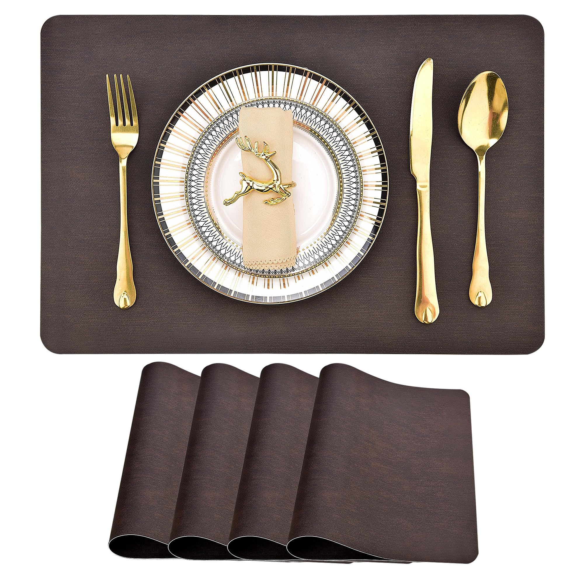 SLKQG Faux Leather Placemats Set of 4 - Stain, Heat & Spill Resistant, Non-Slip, Perfect for Elevating Dining & Kitchen Decor, 18x12 Inches (4, Dark