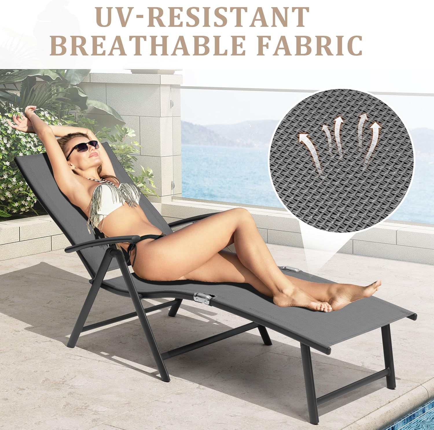 4PCS Patio Chaise Lounge Outdoor Folding Adjustable Lounge Chair Recliner with 8 Adjustable Backrest Positions for Pool Beach Yard, Textliene and Brown Aluminum Frame