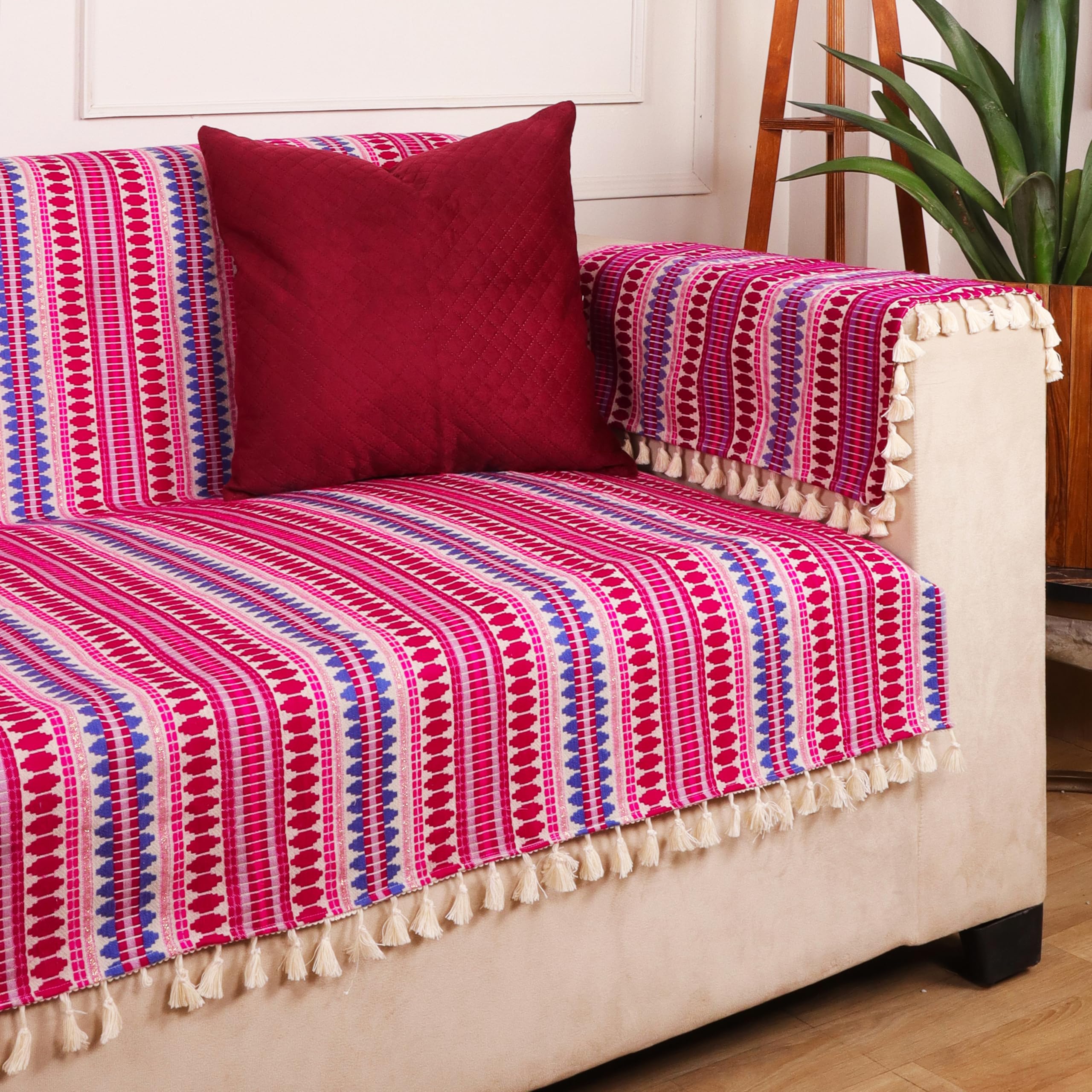 STITCHNEST Woven 3 Seater Sofa Protector with 2 Hand Rest Covers – Purple & White Stripe Design – Washable Fabric with Tassels – Stylish Sofa Cover for Modern Living Room & Furniture Décor