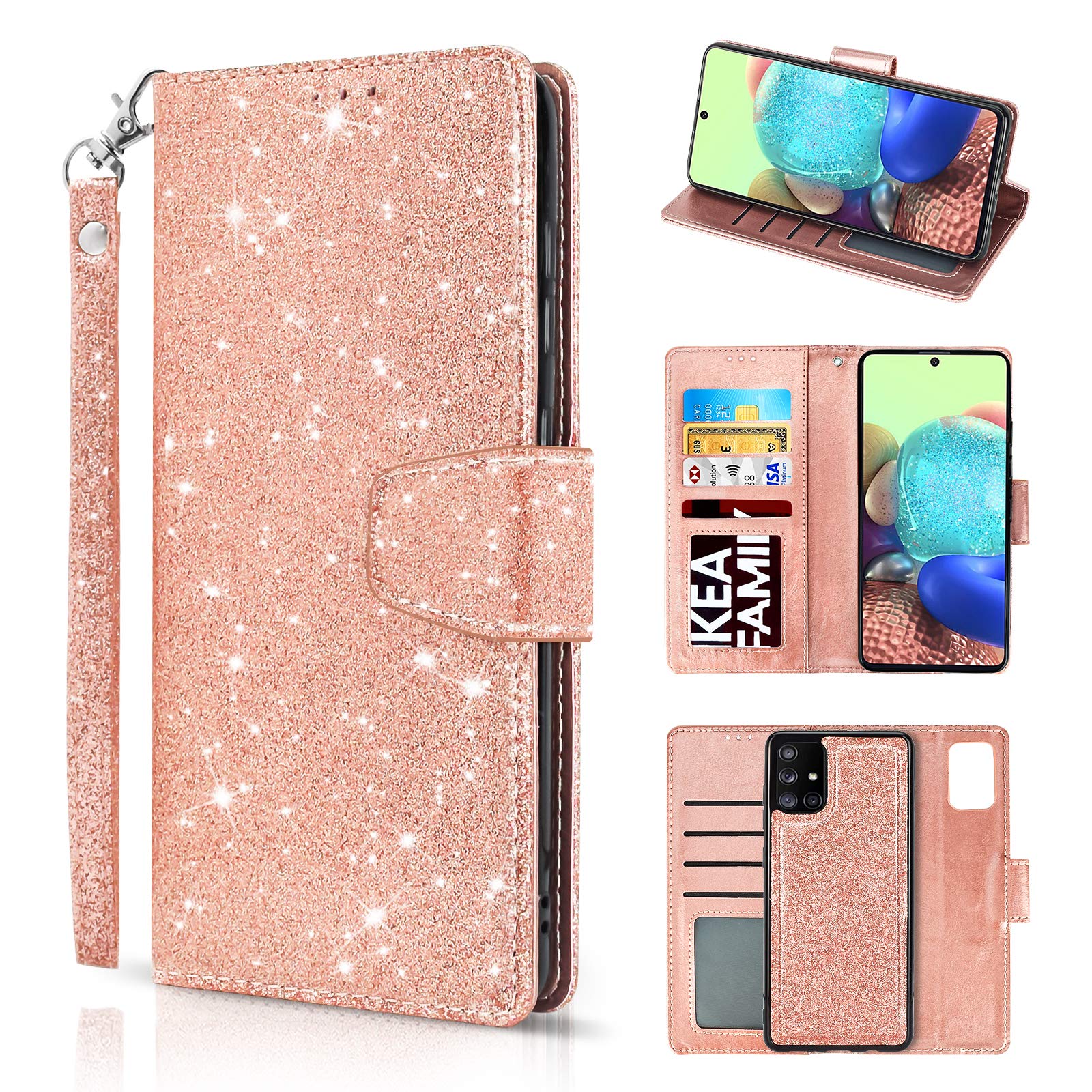 Newseego Compatible with Samsung Galaxy A71 (4G) Leather Case,Glitter Faux PU Leather Magnetic Closure Multi-Credit Card Slot Cash Holder Detachable 2 in 1 Wallet Cover with Wrist Strap-Rose Gold