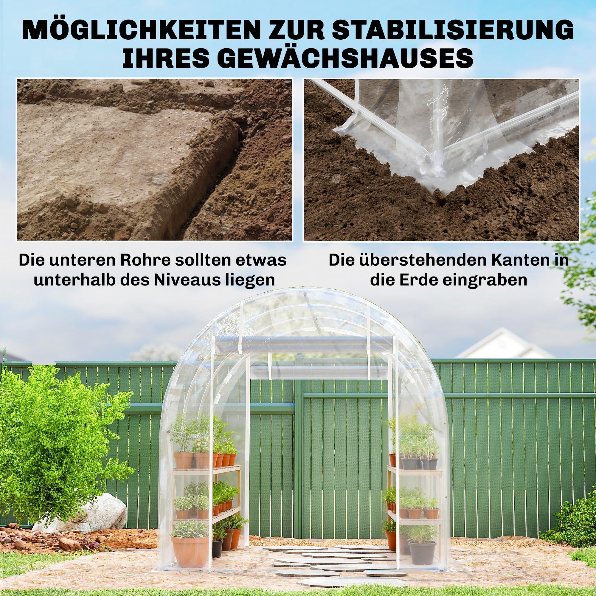 Outsunny Foliowa szklarnia ok. 3 x 2 x 2 m z rolowanymi drzwiami na zamek błyskawiczny, wspornikami i przedłużonymi krawędziami, PE 150 g/m², odporna na promieniowanie UV, tunel foliowy, zimowa