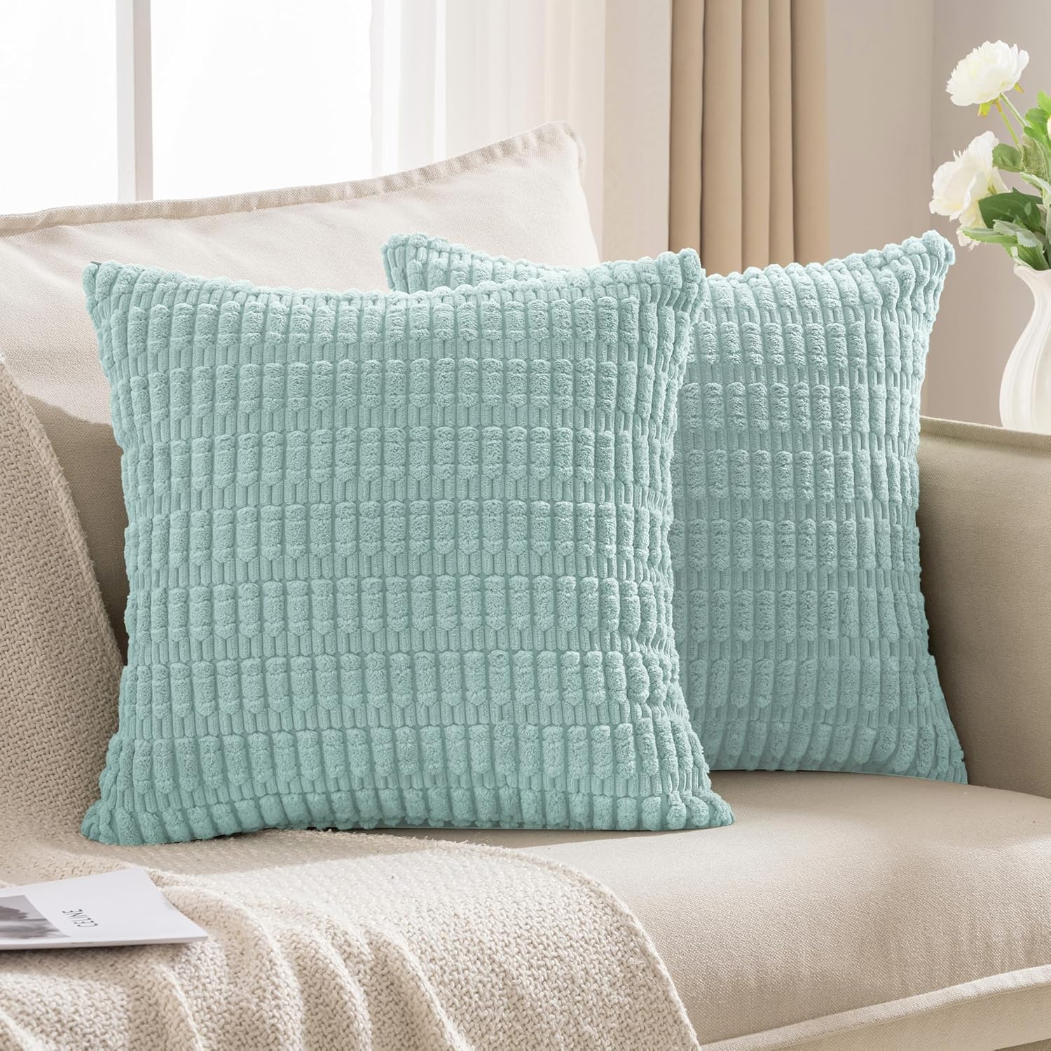 JELLYMONI 2 PCS Beige Decorative Throw Pillow Covers 24x24 Inch, Corduroy Striped Boho Pillows Cover for Living Room Bed Sofa Couch, Spring Farmhouse Boho Home Decor