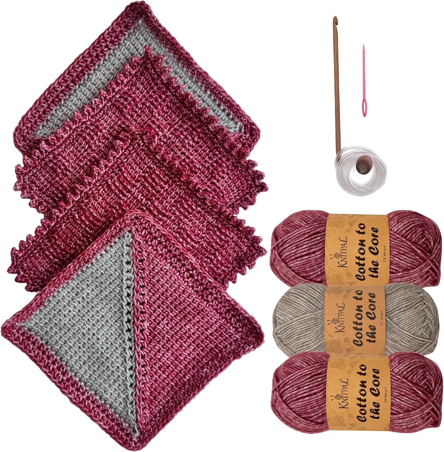 KnitPal Everyday Joy Tunisian Crochet Dishcloth Kit for Confident Beginners – Make 4 Reusable Dishcloths – Cotton Yarn, Tunisian Crochet Hook, 2 Patterns & Video Tutorials (Jean Blue + Sky Blue)
