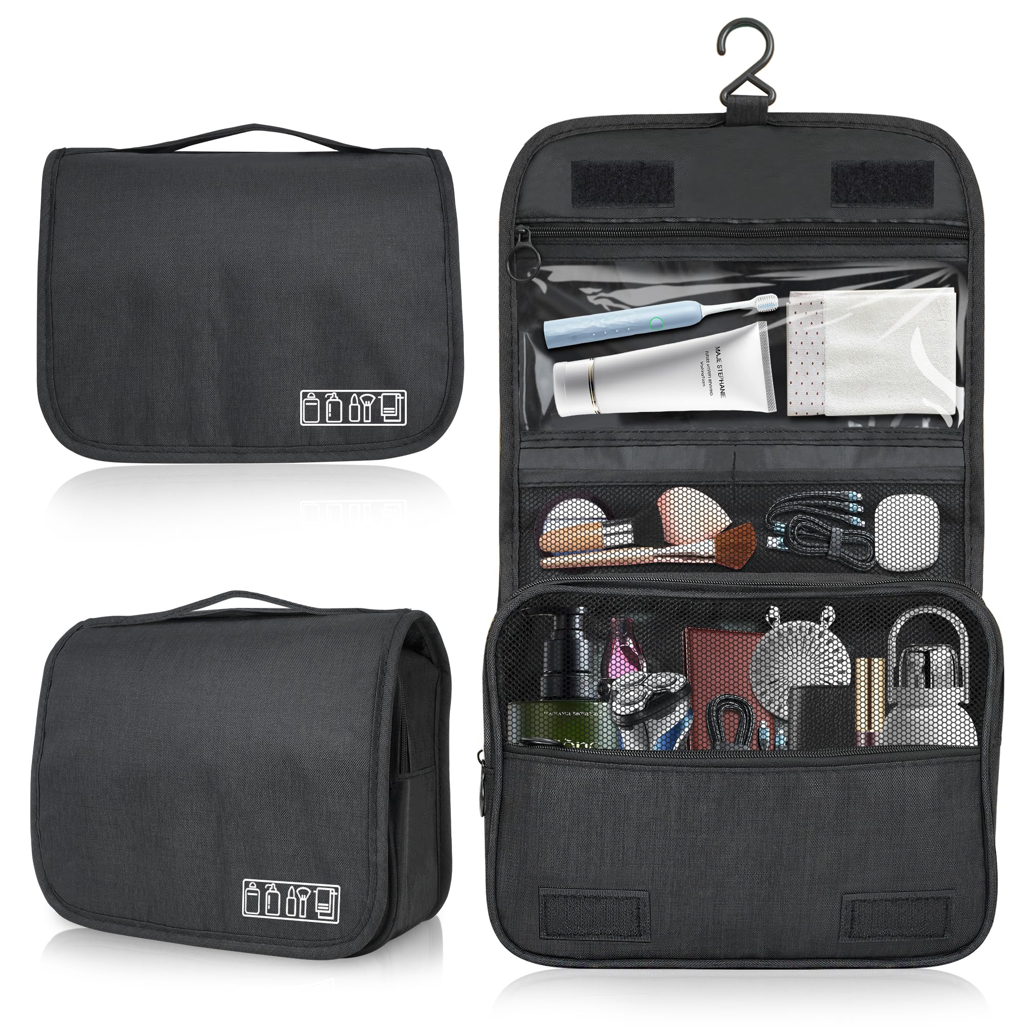 Hanging Toiletry Bag for Travel, Wash Bags for Men Women Foldable Washbag Cosmetics Toiletries Organizer Storage Shower Bag Organiser with Hook for Business Trip Gym Vacation