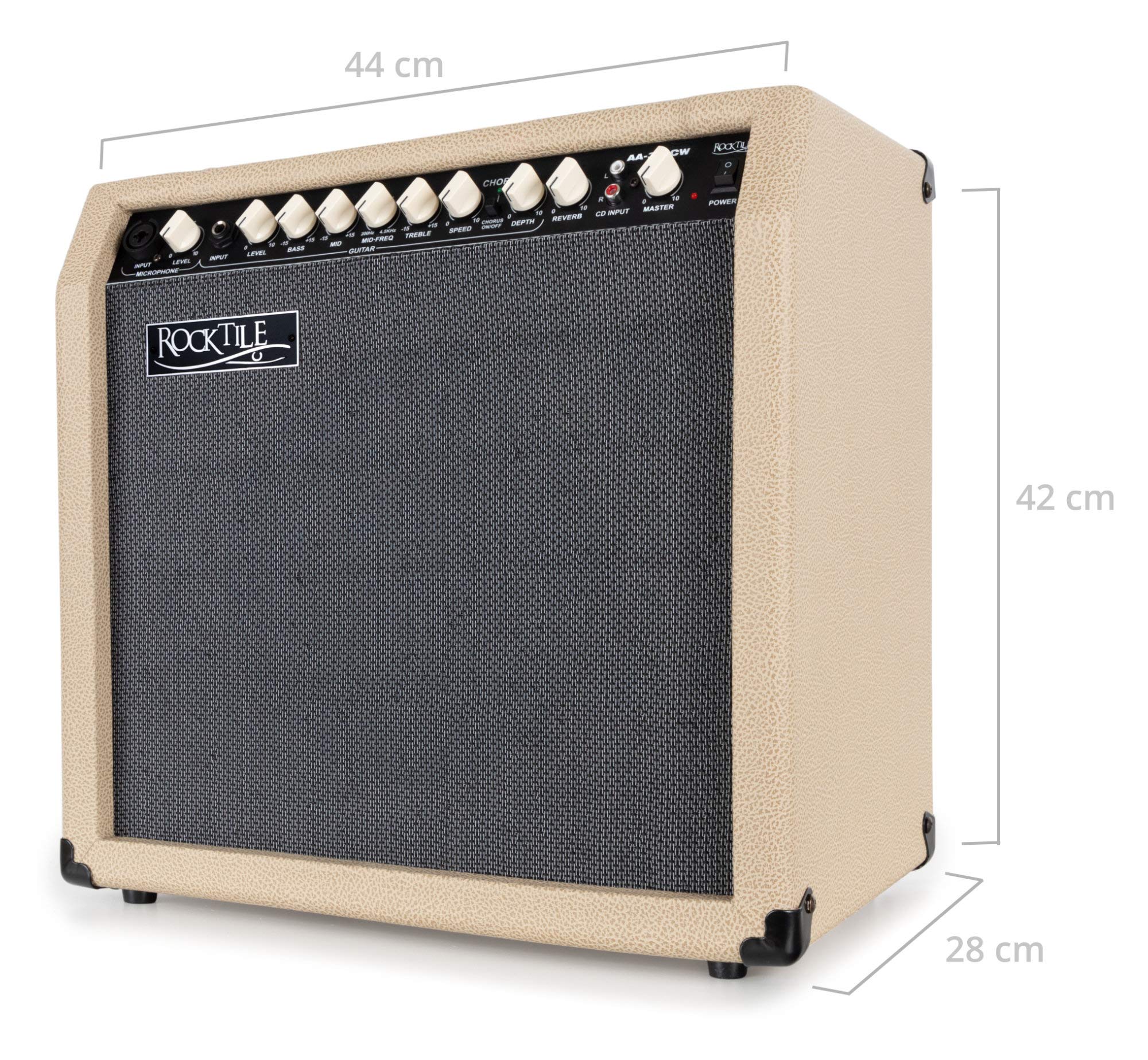 Rocktile AA-30 CW Eric Akustikverstärker - 30 Watt - 2 Kanäle (Mikrofon und Gitarre) - 10" Speaker + 2,5" Hochtöner - AUX-Eingang und Line Out - Chorus- und Hall-Effekt - Creme