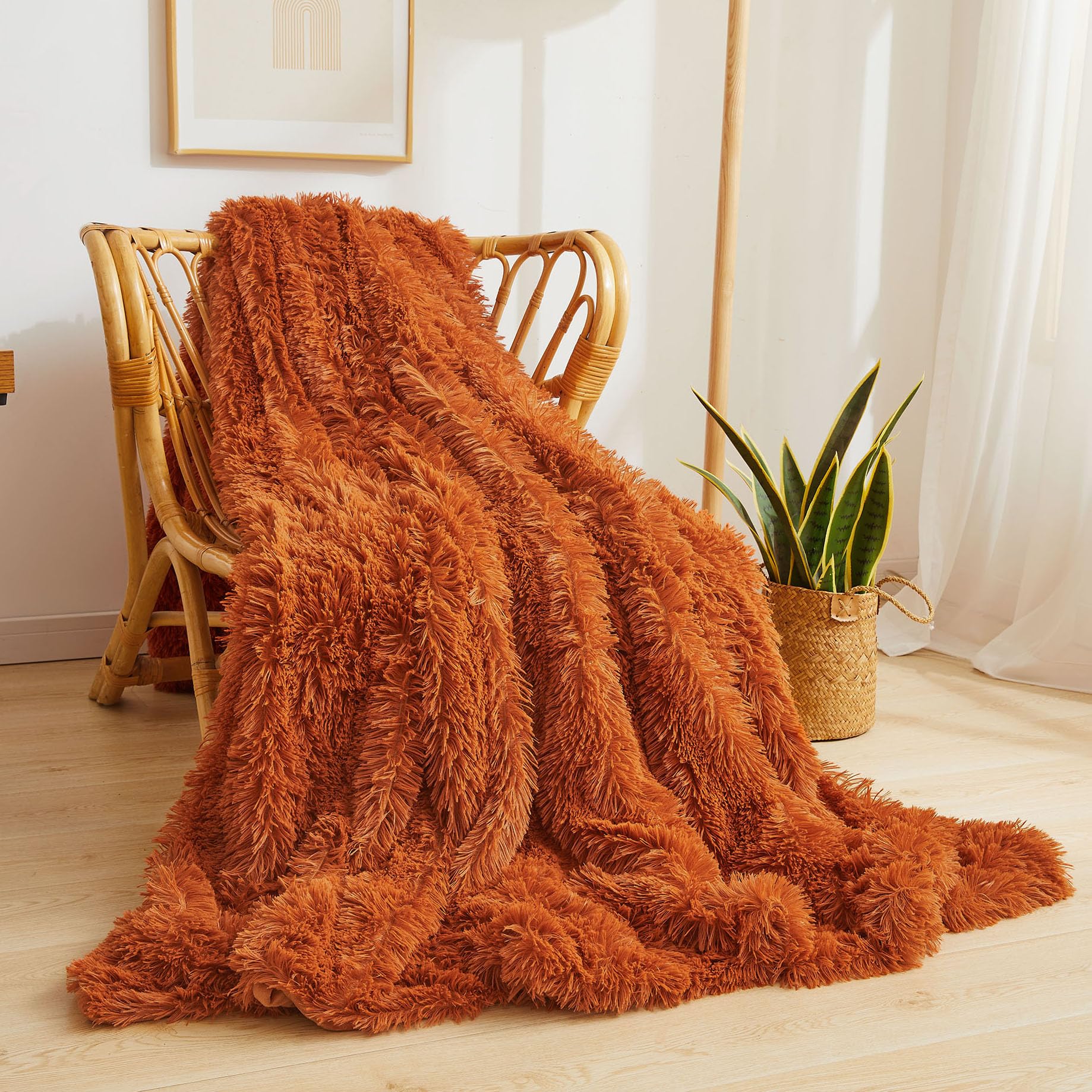 XeGe Luxury Faux Fur Throw, Burnt Orange Soft Fluffy Blanket Single, Shaggy Plush Decorative Couch Throw