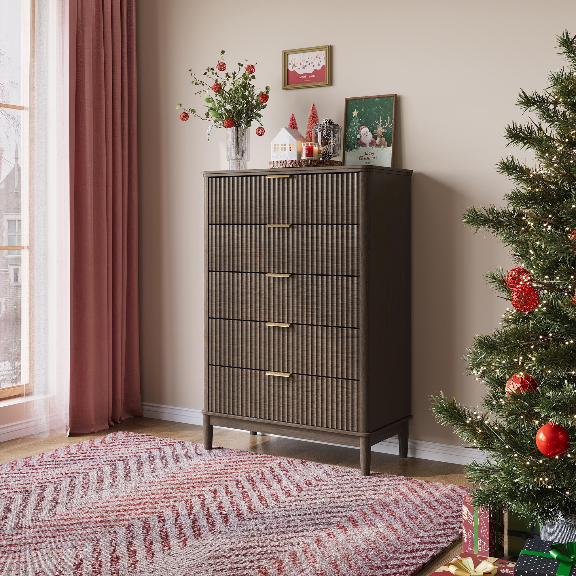 Fluted Dresser for Bedroom, Mid Century Modern Large Chest of Drawers with Gold Metal Handles, Wide Boho Wood Dressers with Storage, 5 Drawer, Dark Wood