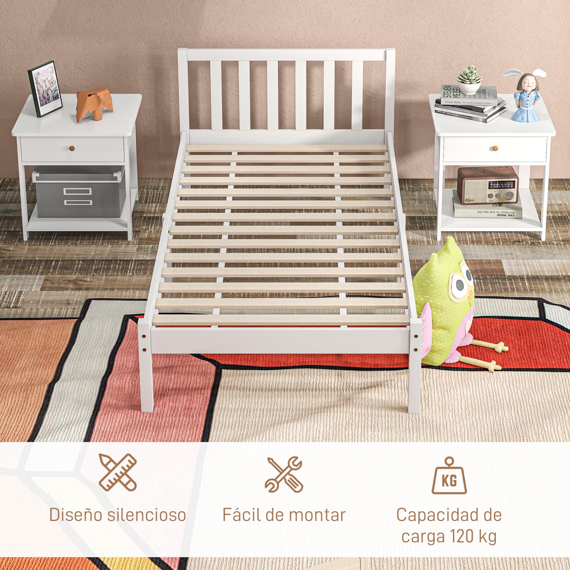 HOMCOM Marco de Cama de Madera Somier con Cabecera 198x96x70 cm Blanco