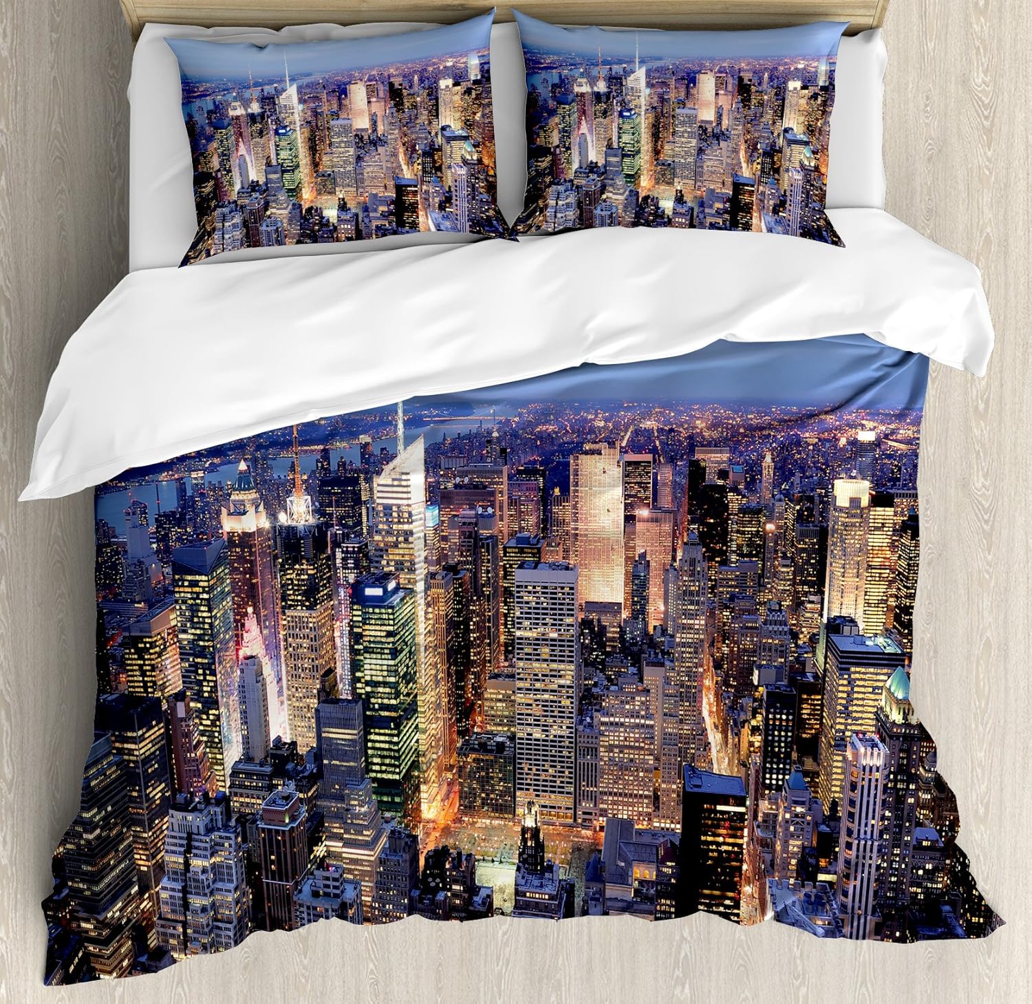Ambesonne New York Duvet Cover Set, Aerial View of NYC Full of Skyscrapers Manhattan Times Square Famous Cityscape Panorama, Decorative 3 Piece Bedding Set with 2 Pillow Shams, Queen Size, Aqua Blue