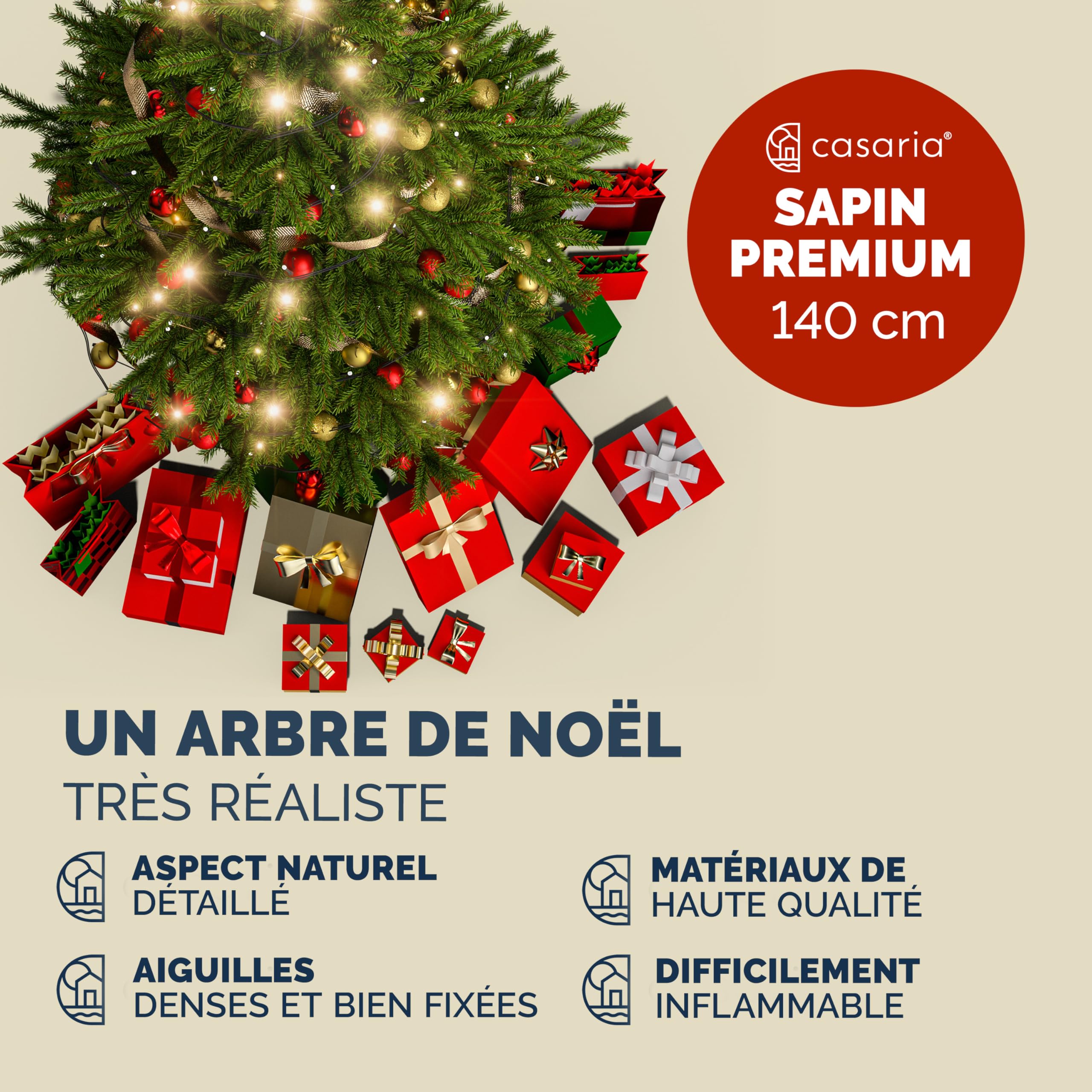 CASARIA® Sapin de Noël Artificiel Premium M 140cm avec Guirlande Lumineuse Support métal Arbre de noël Imitation Parfaite densité Branches