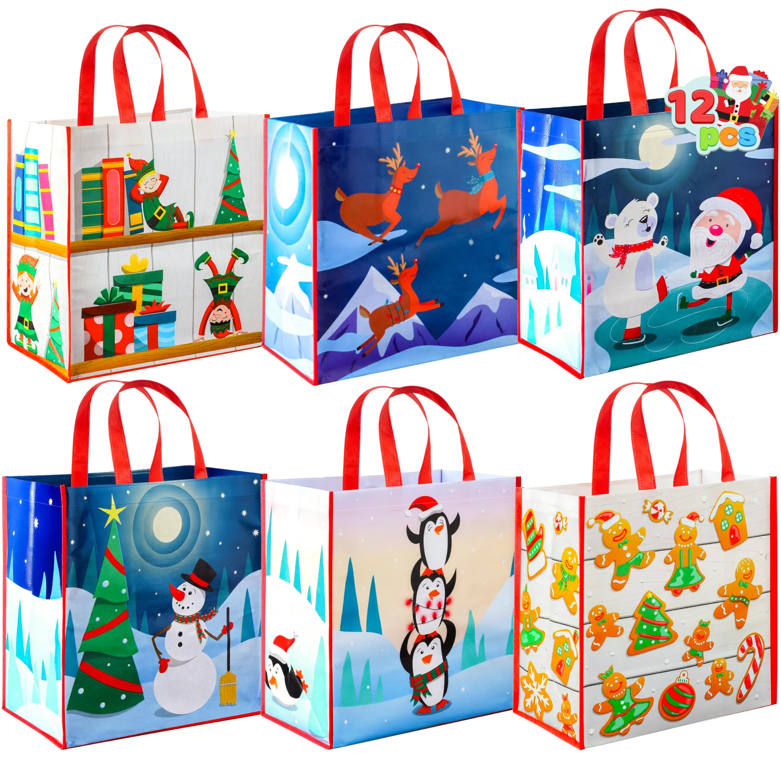 JOYIN 12 Bolsas de Asas Grandes Navideñas de 34 x 35cm Bolsas Reutilizables para Compras Navideñas, Bolsas de Regalos para Fiestas de Navidad