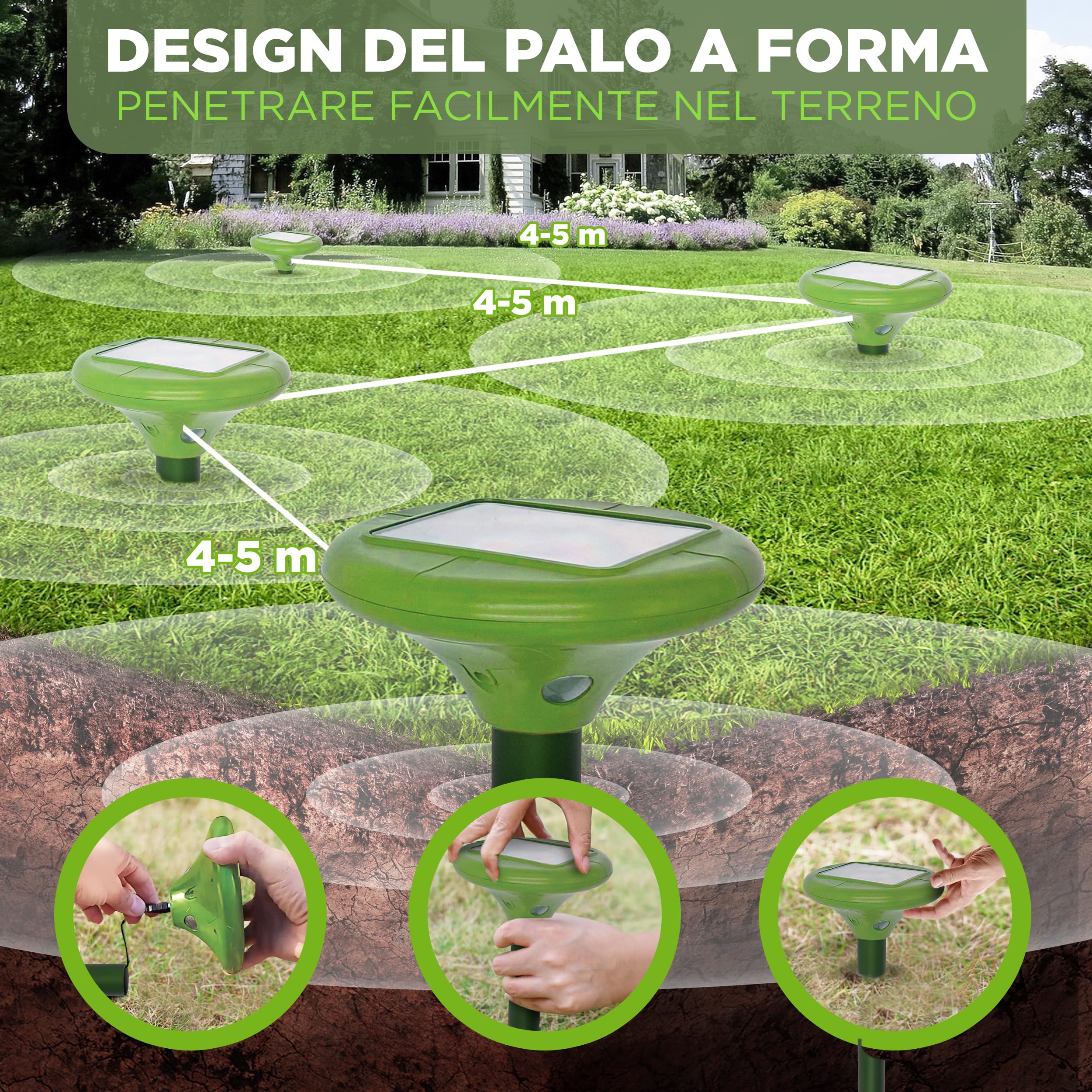 ISOTRONIC Repellente per talpe, arvicole e serpenti – Repellente per talpe ad energia solare con picchetto per il giardino – Con raggio d'azione effettivo di 1.250 m² (3 unità)