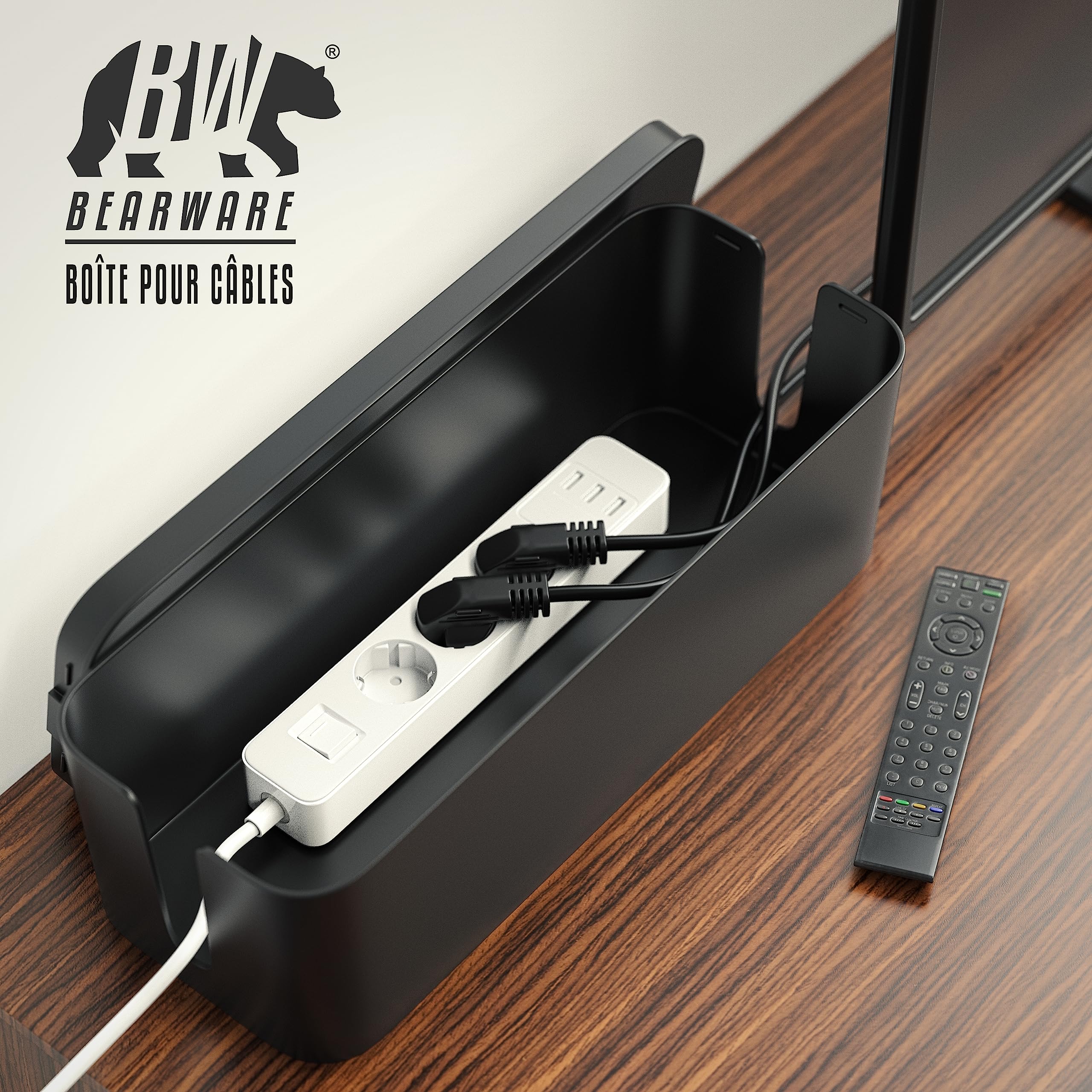 Set de 2 Boîte de Rangement pour Câbles, boîtes à câbles, Gestion des câbles, Boîte Cache Câble Multiprise, Organisateur de Cable Bureau, 2 Tailles, Petite et Large, Noir