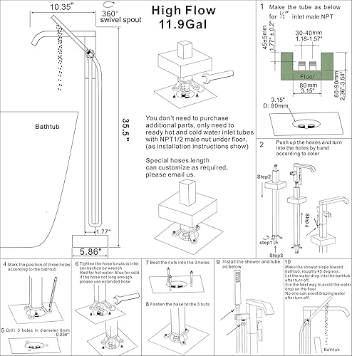 Miniatura 2 de Grifos de bañera independientes negros Llenadores de bañera Montaje en el piso Llenador de grifo para bañeras Bañeras de alto flujo 11.9GPM baño con