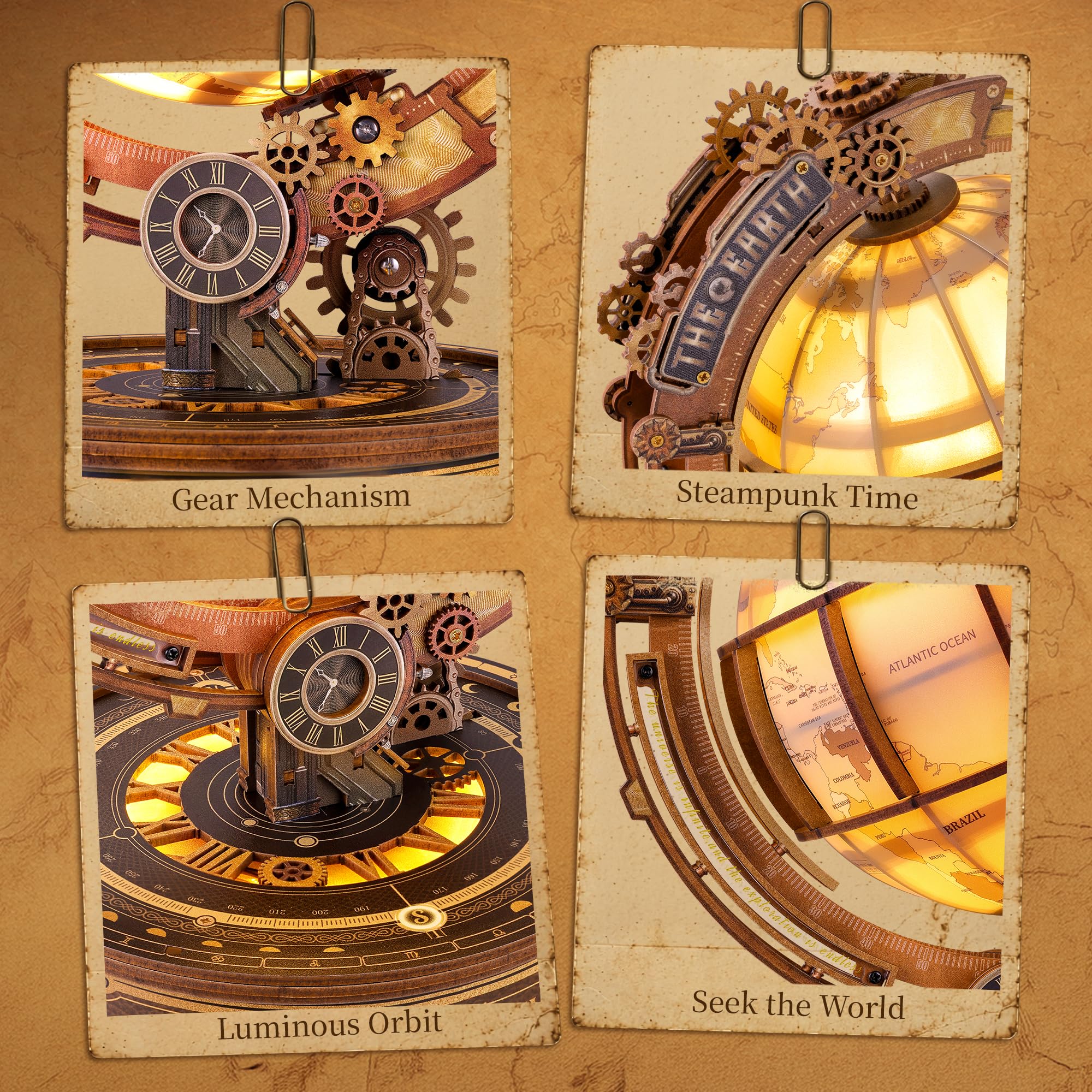 FUNPOLA 3D Holzpuzzle Star Orbit Globe, LED Steampunk Globus Bausatz mit Rotierender Weltkarte, Mechanisches DIY Modell, Vintage Deko Geschenk für Erwachsene (14+)