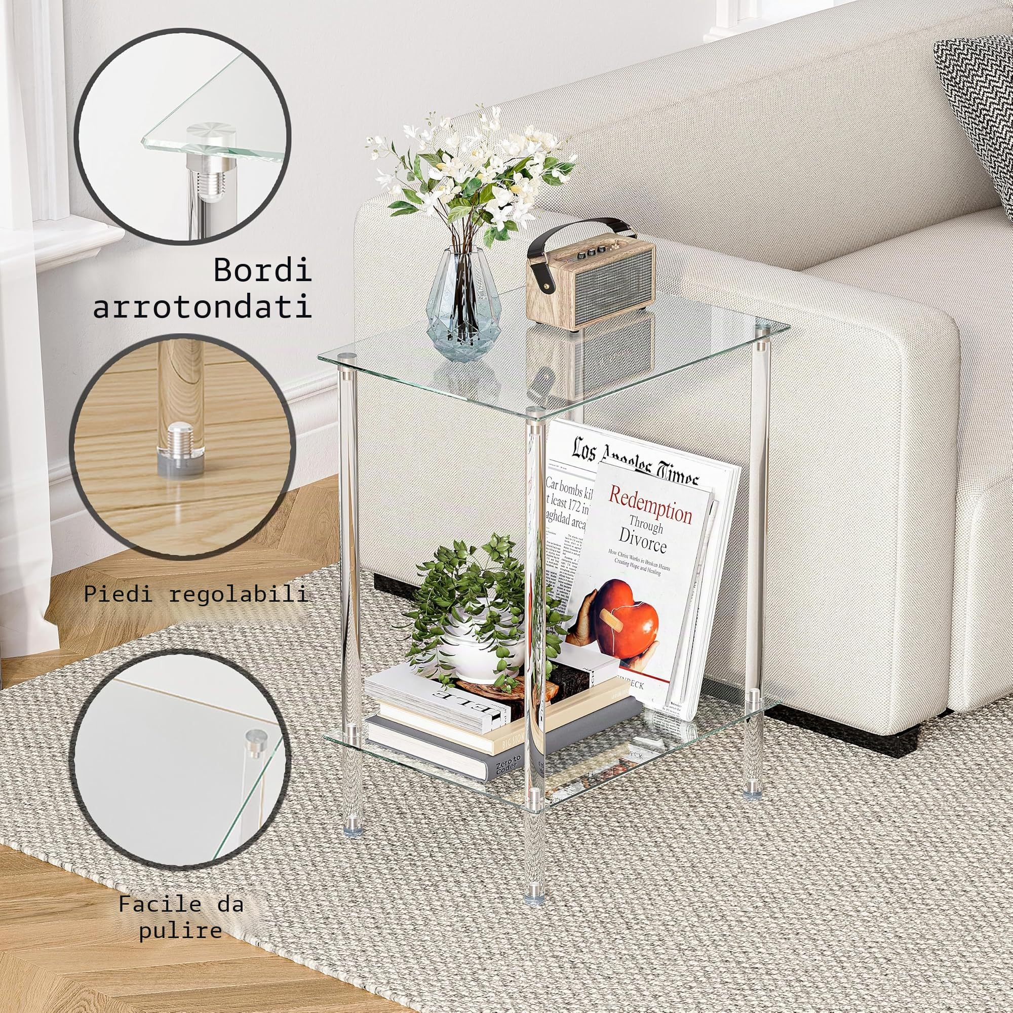 Tavolino da Divano Coffee Table Tavolino Trasparente Tavolini da Salotto Vetro Moderno e Versatile, Adatto a Ogni Stile d'Arredamento a 2 Strati Comodino Piccolo Quadrato LET518TR