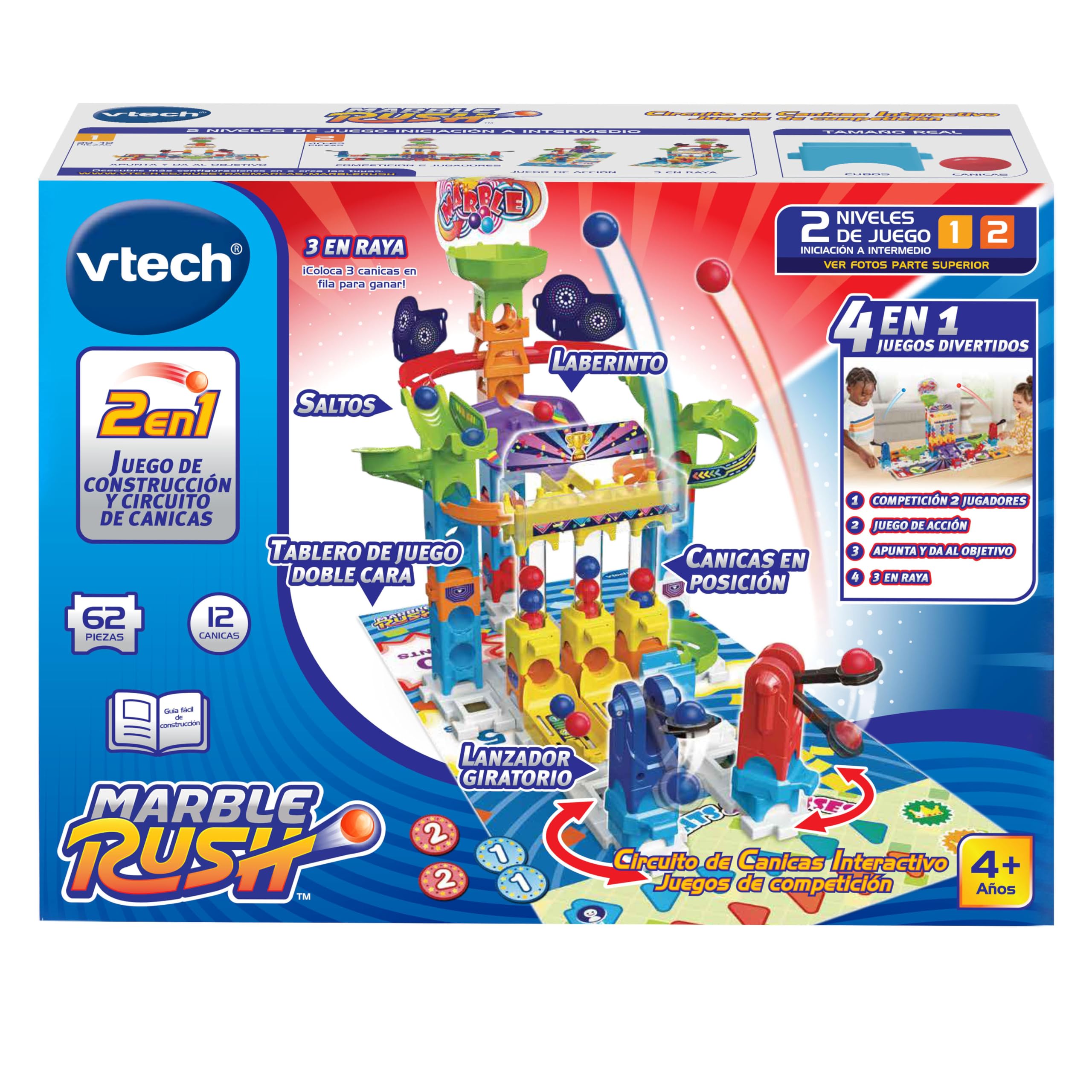 VTech - Marble Rush Juegos de competición, Juguete de construcción, Circuito de canicas, 62 Piezas, 12 canicas, 1 tapete de Juego de Doble Cara y 6 fichas, Regalo niños +4 años, Contenido Español