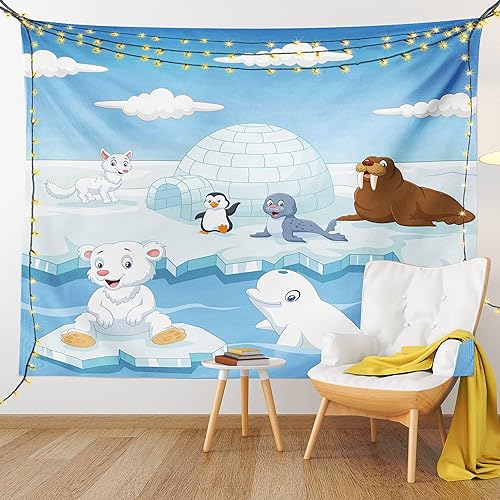 Miniatura 9 de Ambesonne Tapiz de animales tamaño King, imagen de animales árticos, osos polares, foca, pingüinos, lobos, ballenas, obra de arte, colcha para