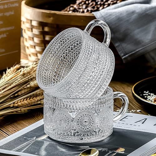 Miniatura 8 de 4 tazas de café vintage, tazas de vidrio transparente en relieve de 14 onzas para cumpleaños de mujeres, tazas de vidrio con asas, tazas de café
