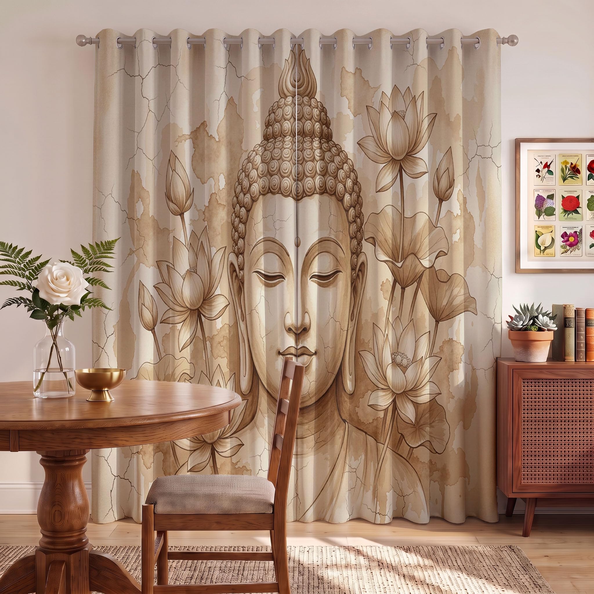 140 X 240 cm Tende da Zen disegnato a mano 2 pannelli | ragazzi bambini Silhouette Crepe motivo del fiore loto della statua del Buddha per ragazzi adolescenti, tendaggi per finestre Albicocca chiara