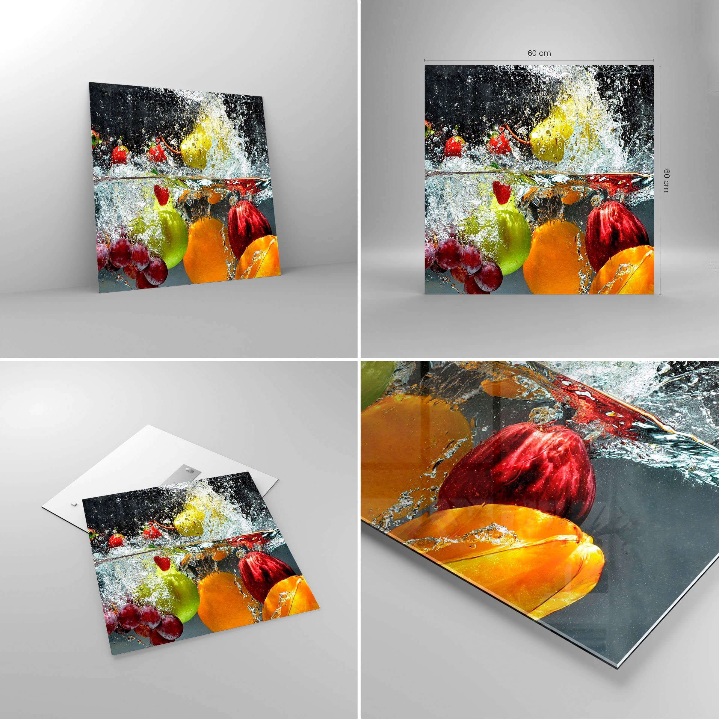 Moderne Impression sur Verre Fruits eau éclaboussures nourriture Image Tableau en Verre Decoration Murale 60x60cm Deco Cadre Salon Chambre Carré Grand Tableaux Decoratifs Muraux Art GAC60x60-2972