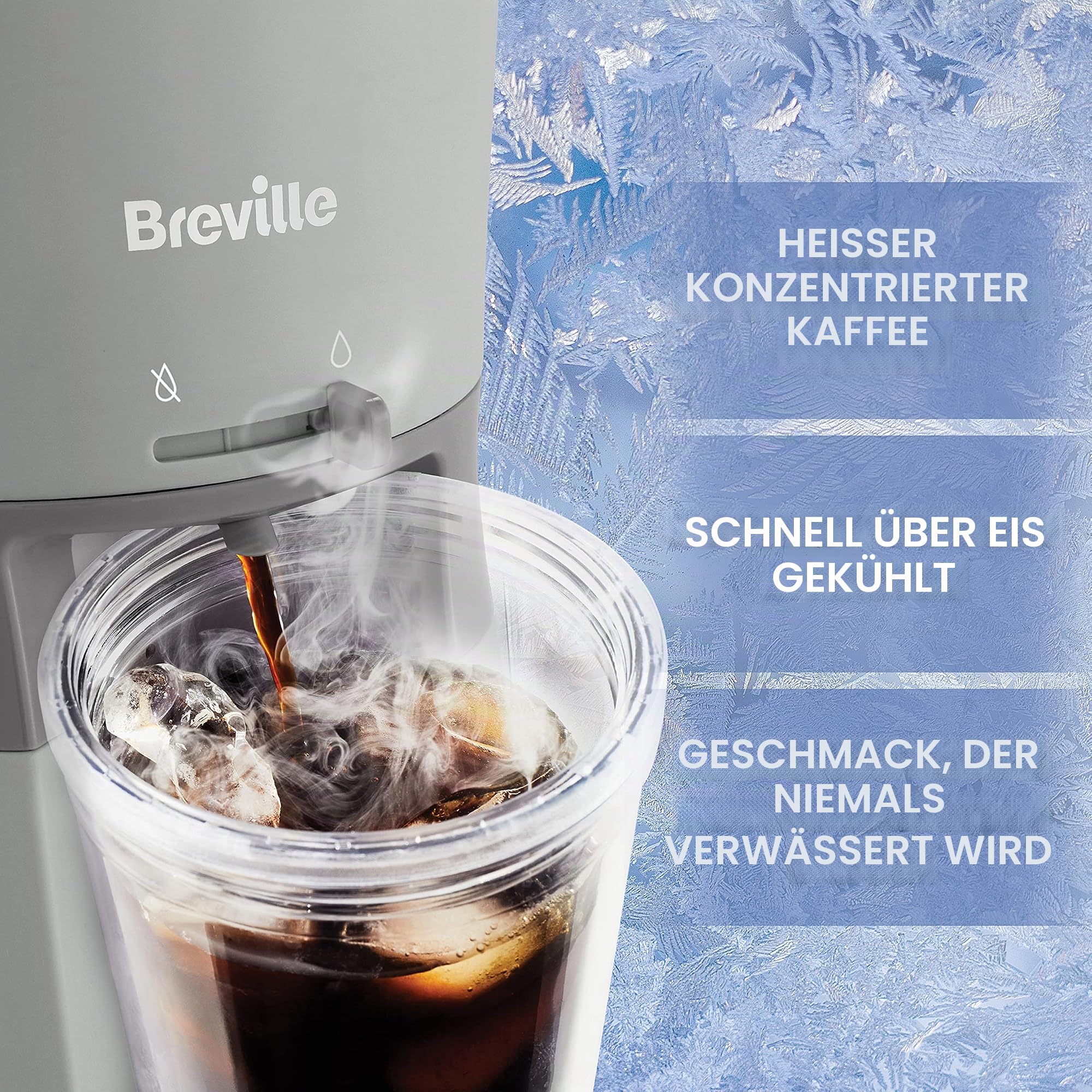 Breville Eiskaffeemaschine | Einzelportions-Eiskaffeemaschine plus Kaffeetasse mit Strohhalm | Fertig: unter 4 Minuten | Grau [VCF155]