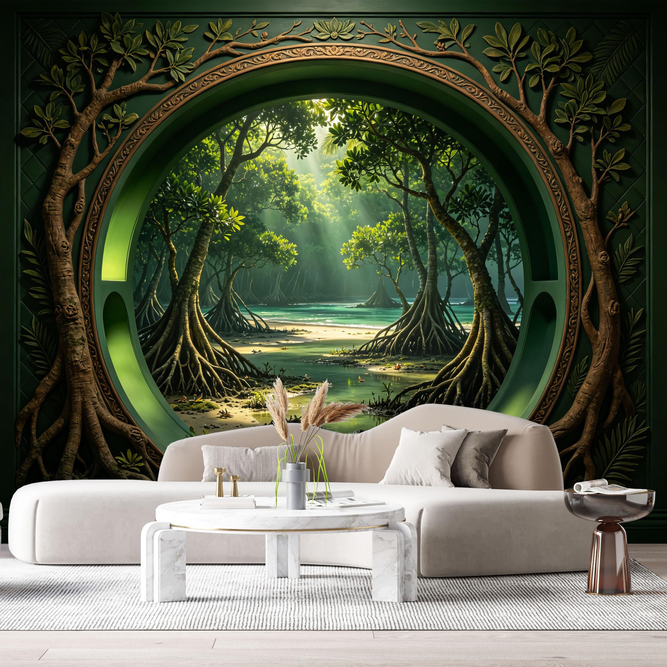 Custom Size Wall Murals Tropical Jungle Mangrove Forest Circular Portal 3D Trompe L'Oeil SelfAdhesiveWall Fabric Removable Wallpaper Wall Decor for Living Room Bedroom Bathroom