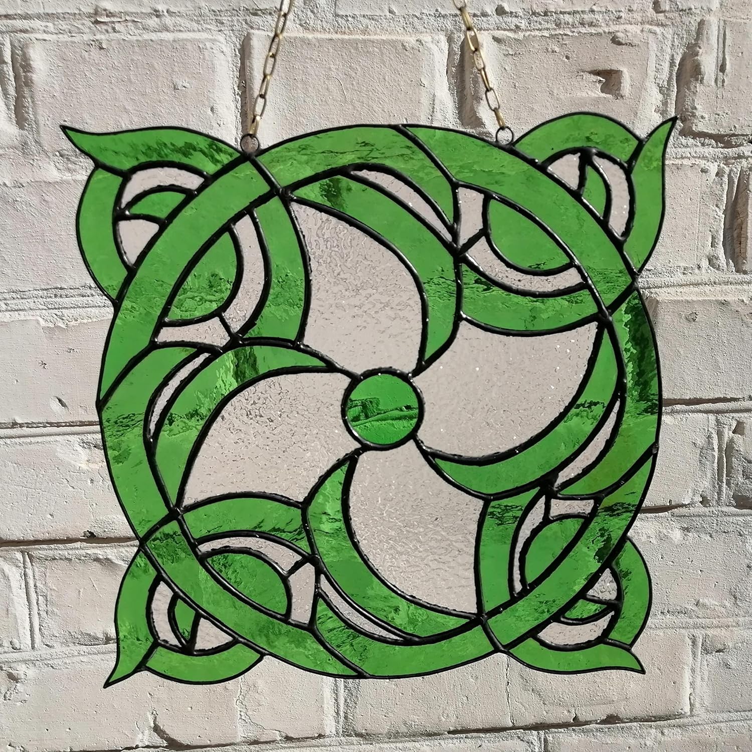 Abstract Round Stained Glass Panel 10 Inch, Unique Tiffany Style Handmade Window Hanging for Home, Green Swirling Circle Wall Decor, Decorative Vintage Theme Swirl Suncatcher