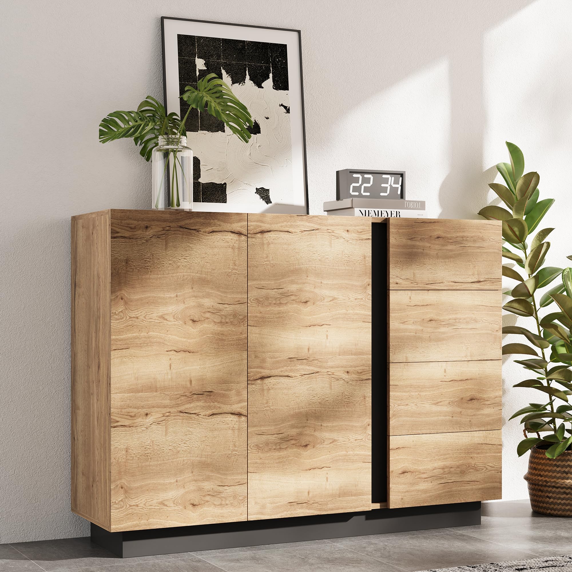 Credenza 120 x 35,5 x 90,5 cm con 2 ante e 4 cassetti, nero naturale
