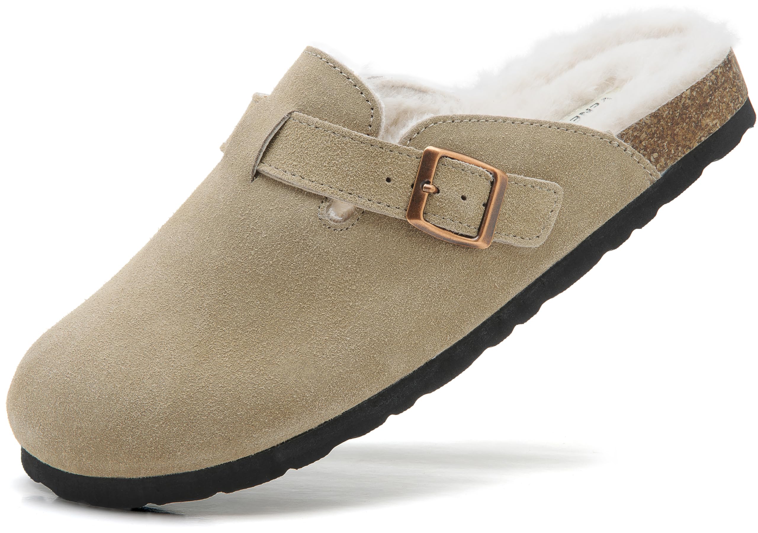 VENECORE Erica Women's Cork Footbed Clogs Genuine Soft Suede Fuzzy Faux Fur Lined Comfort Cushioned Mule Slide Shoes