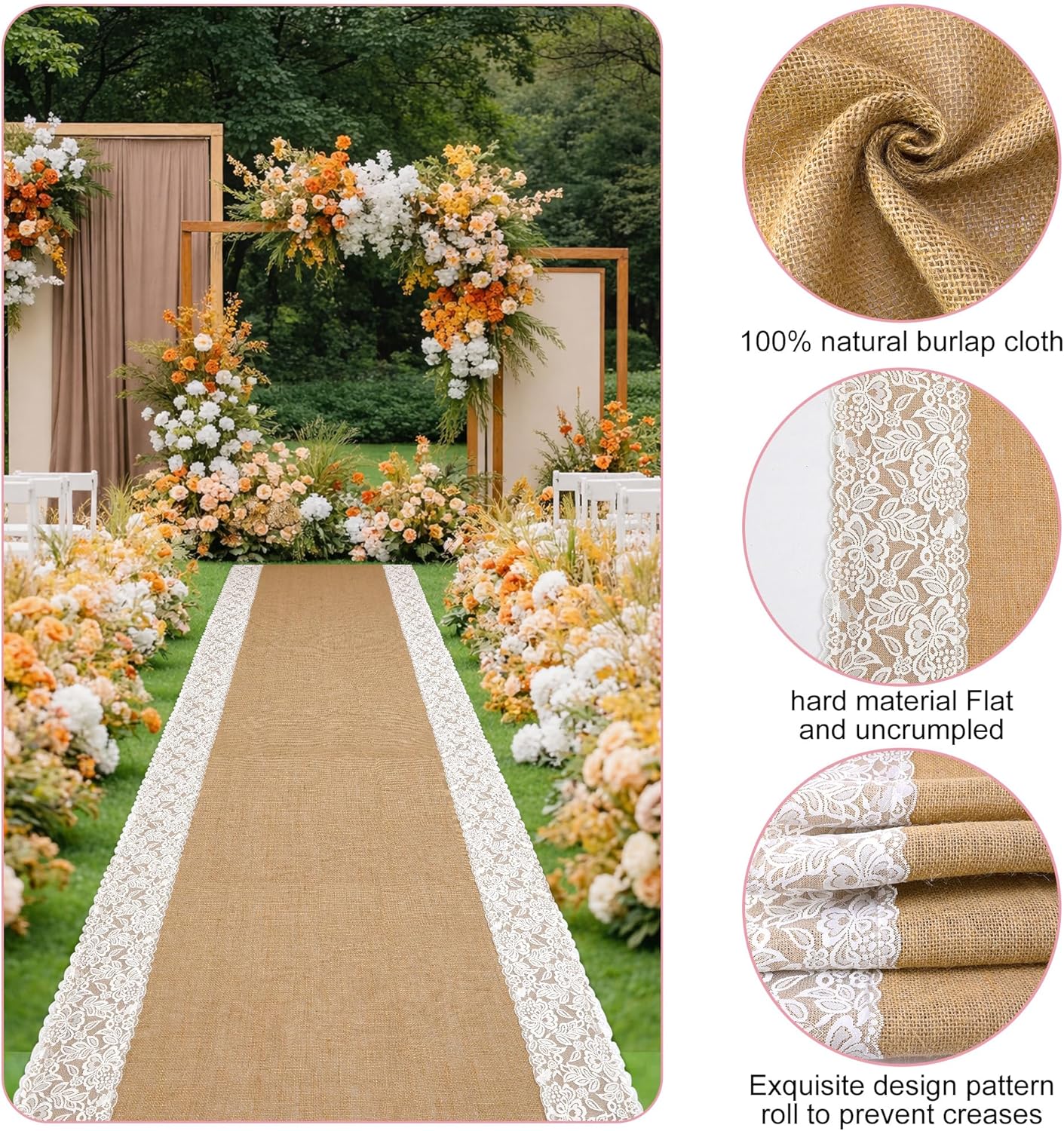 moonoom 15 Ft x 36 in Natural Burlap Wedding Aisle Runner, Rustic Jute Weddings Runway Carpet with Lace, Ceremony Burlap Carpet Roll for Beach Garden Church Reception Craft Decor
